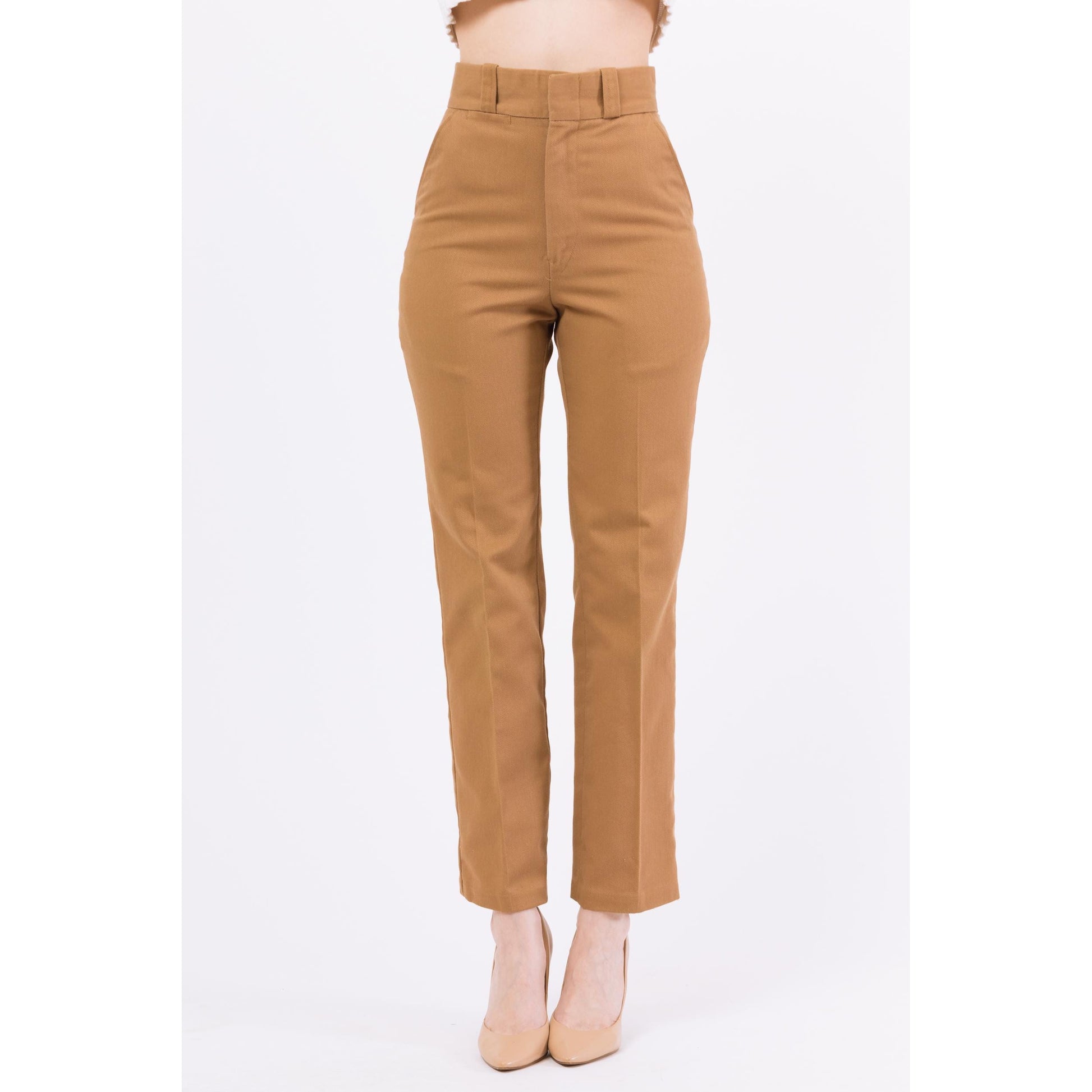 XS 70s Tan High Waisted Slim Leg Pants 25" | Retro Vintage US Fish & Wildlife Service Tapered Leg Trousers