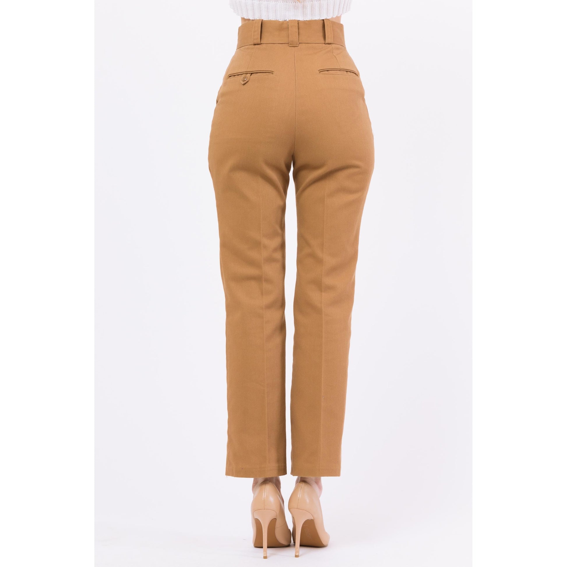 XS 70s Tan High Waisted Slim Leg Pants 25" | Retro Vintage US Fish & Wildlife Service Tapered Leg Trousers