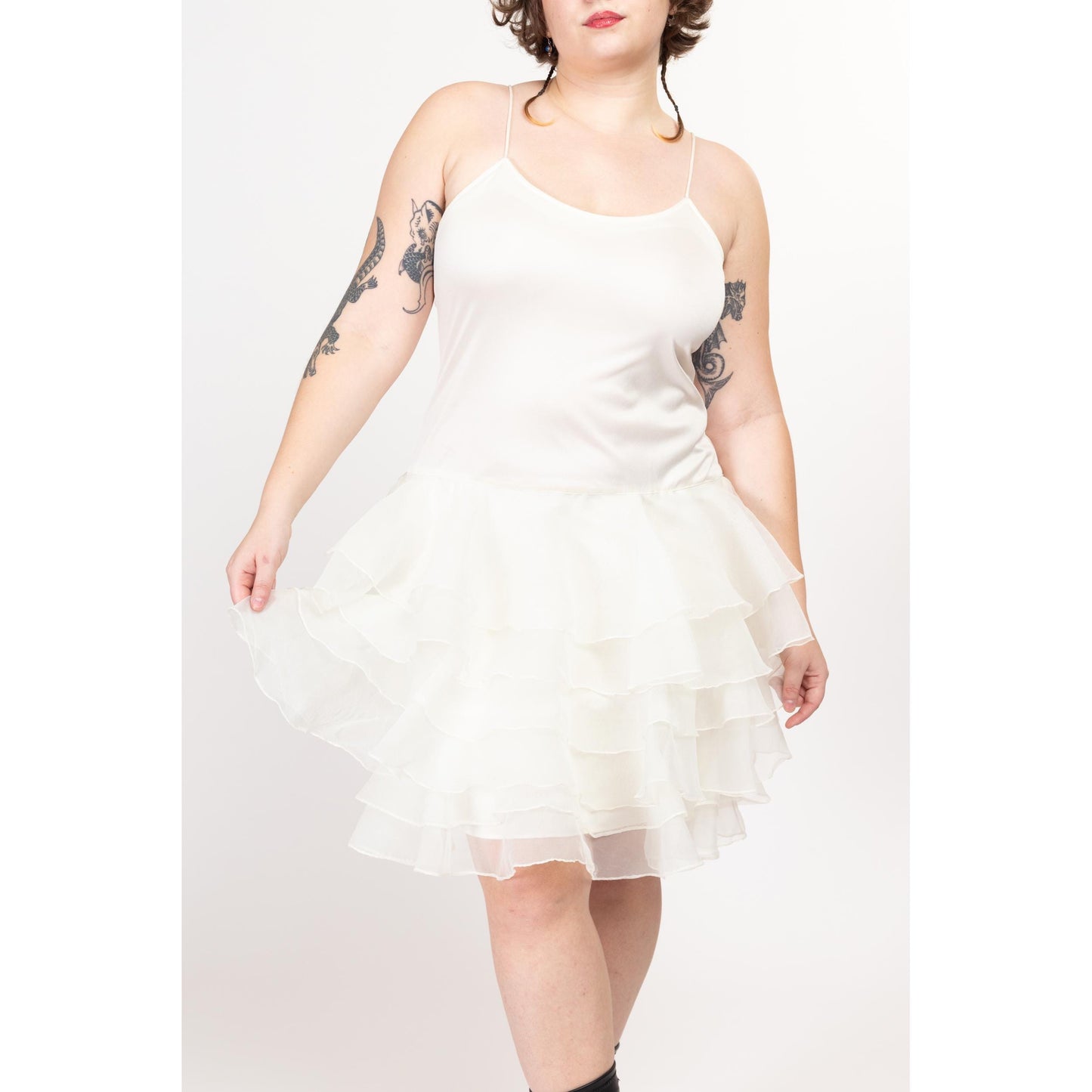 XL 80s White Ruffled Tutu Mini Dress | Vintage Tiered Skirt Spaghetti Strap Party Dress