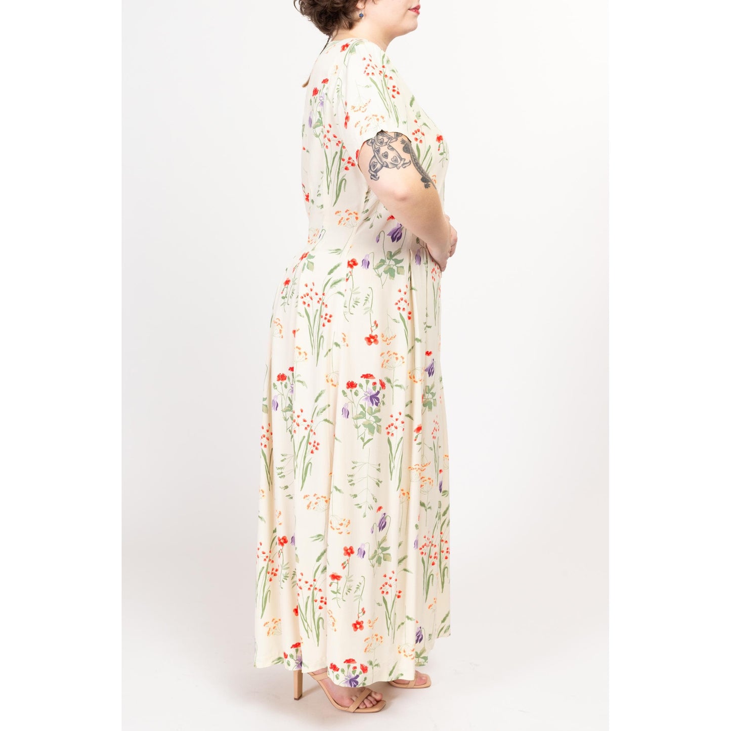 1X 90s Wildflower Floral Print Maxi Dress | Vintage Off White Button Up Short Sleeve V Neck Boho Grunge Sundress