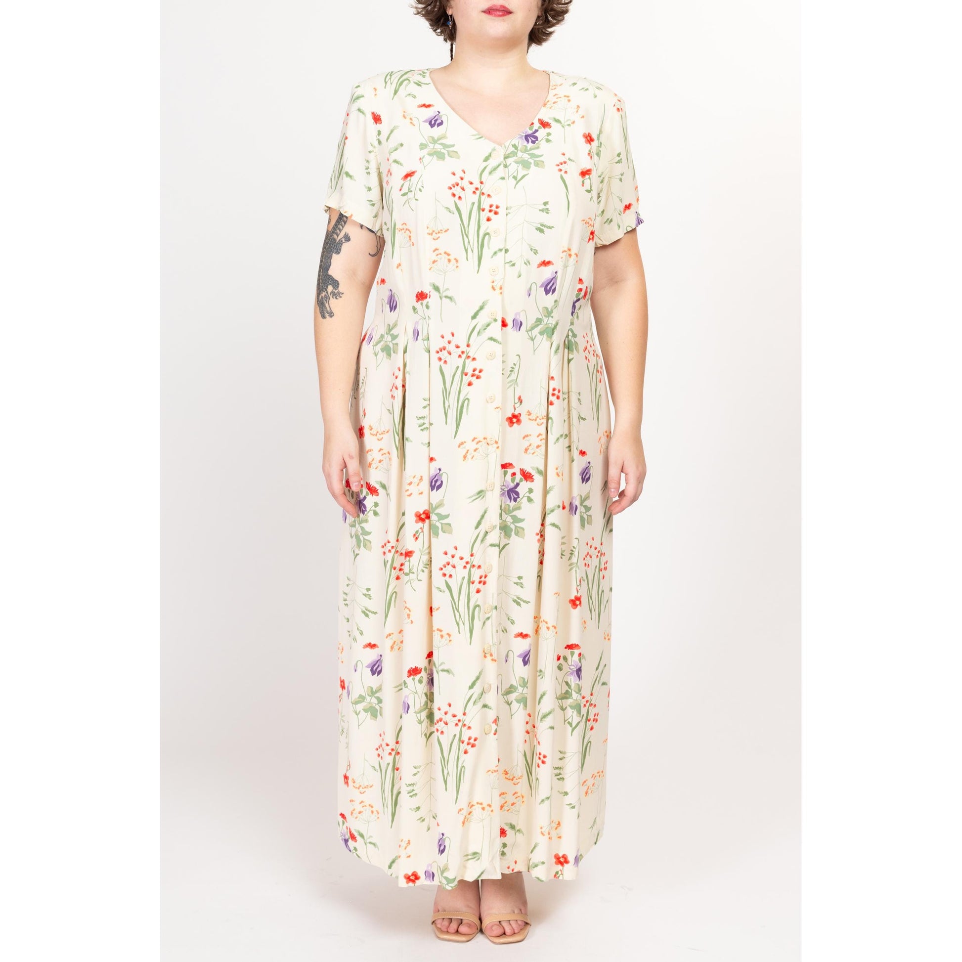 1X 90s Wildflower Floral Print Maxi Dress | Vintage Off White Button Up Short Sleeve V Neck Boho Grunge Sundress