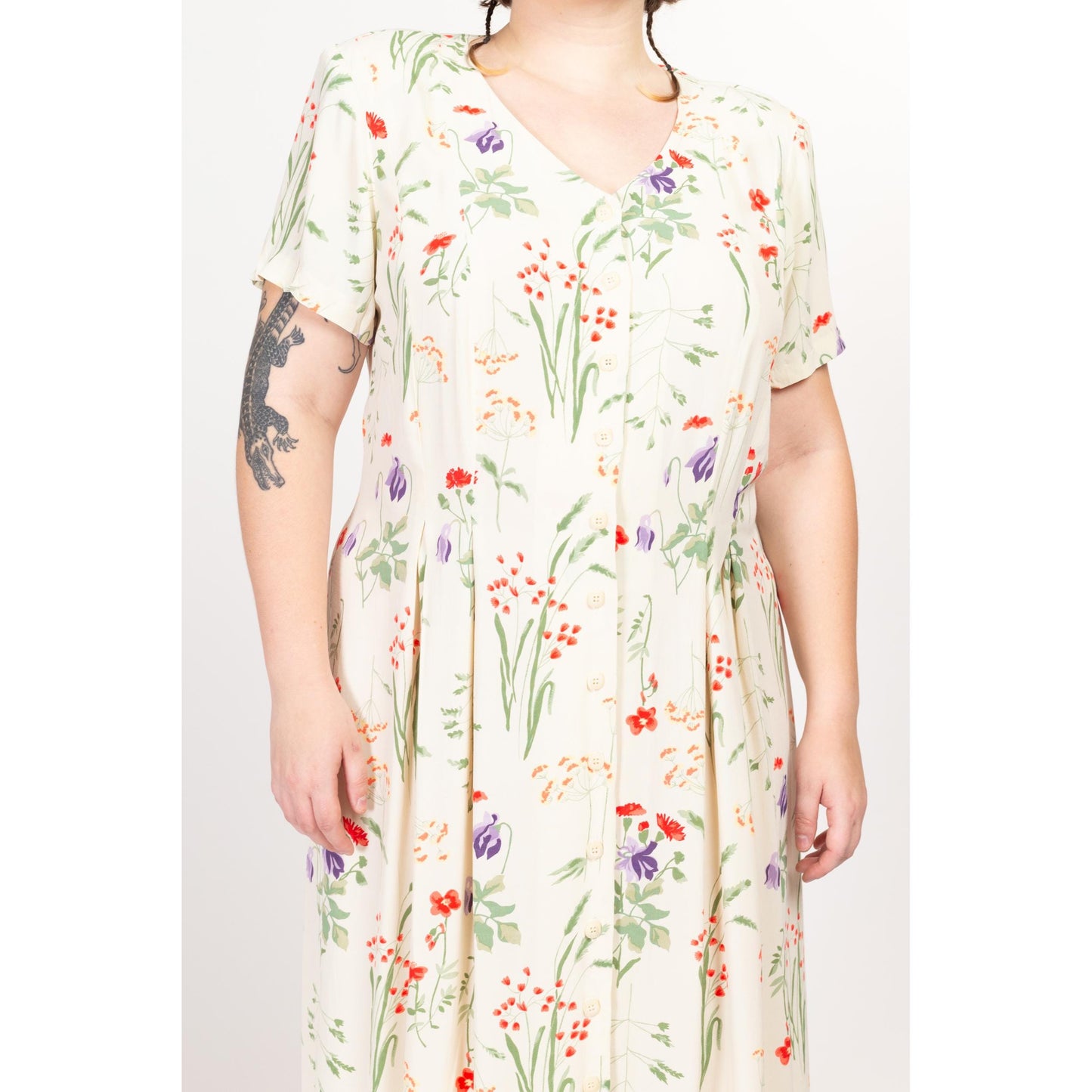 1X 90s Wildflower Floral Print Maxi Dress | Vintage Off White Button Up Short Sleeve V Neck Boho Grunge Sundress