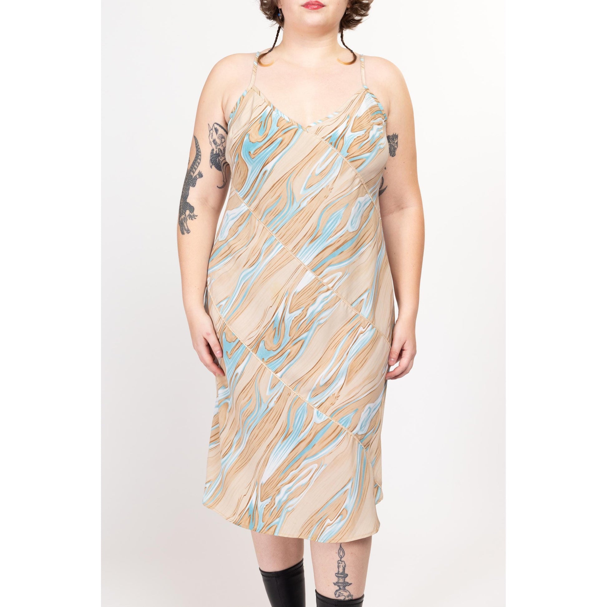 1X 90s Y2K Marble Print Midi Slip Dress | Vintage Blue Beige Bias Cut Spaghetti Strap Party Sundress