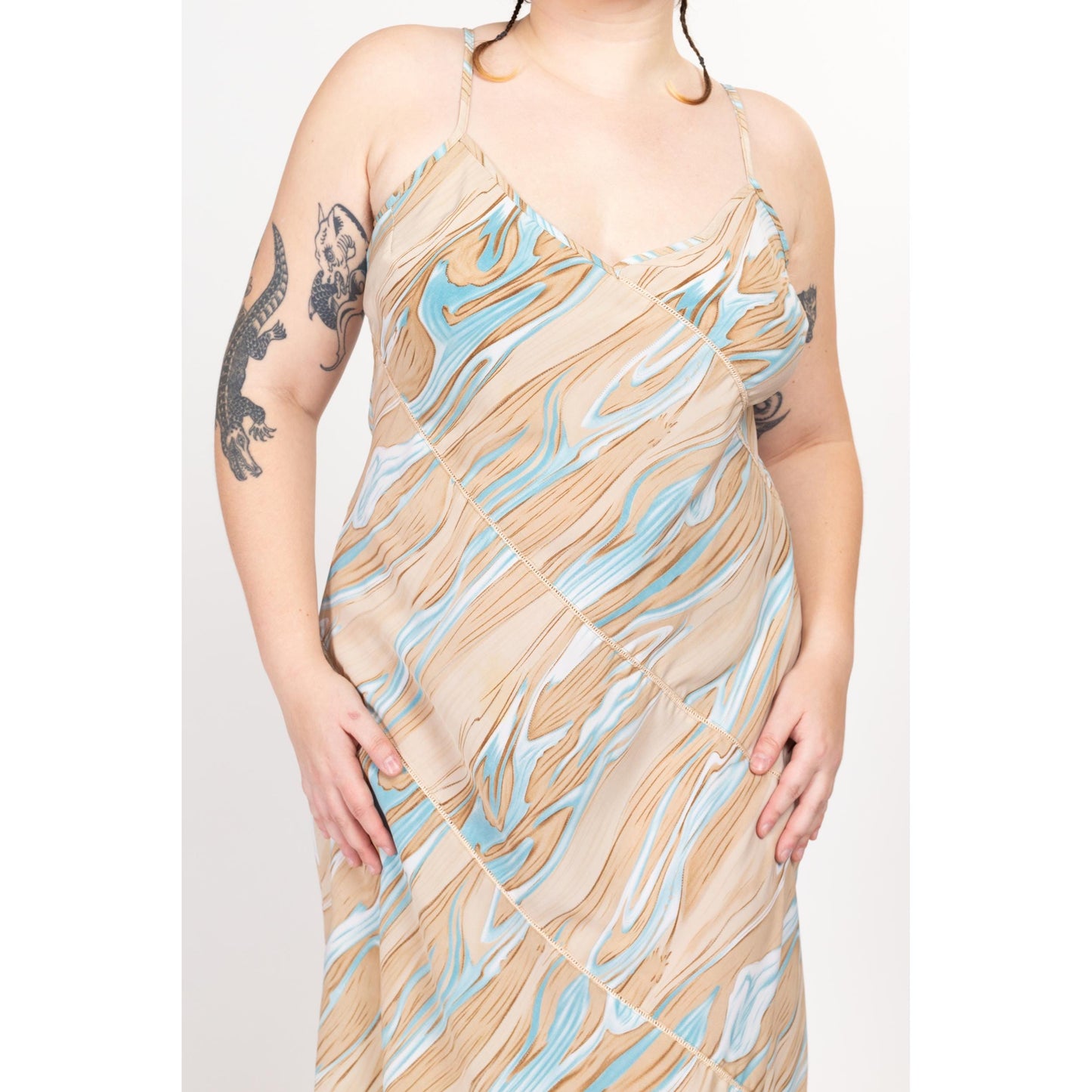 1X 90s Y2K Marble Print Midi Slip Dress | Vintage Blue Beige Bias Cut Spaghetti Strap Party Sundress