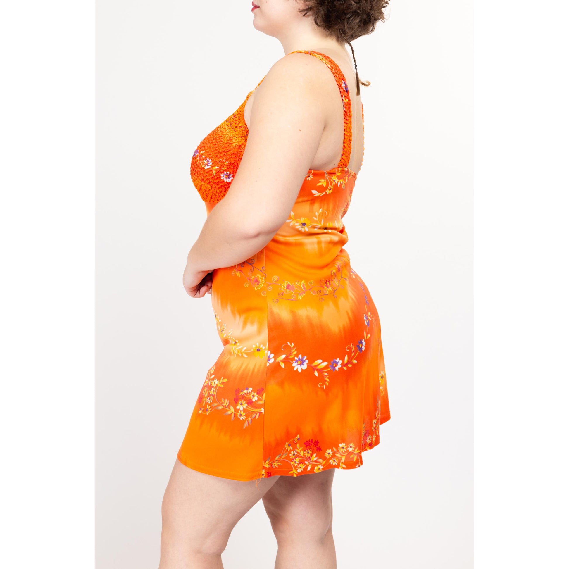 Large 90s Orange Floral Popcorn Bodice Mini Dress | Vintage A Line Boho Tank Sundress