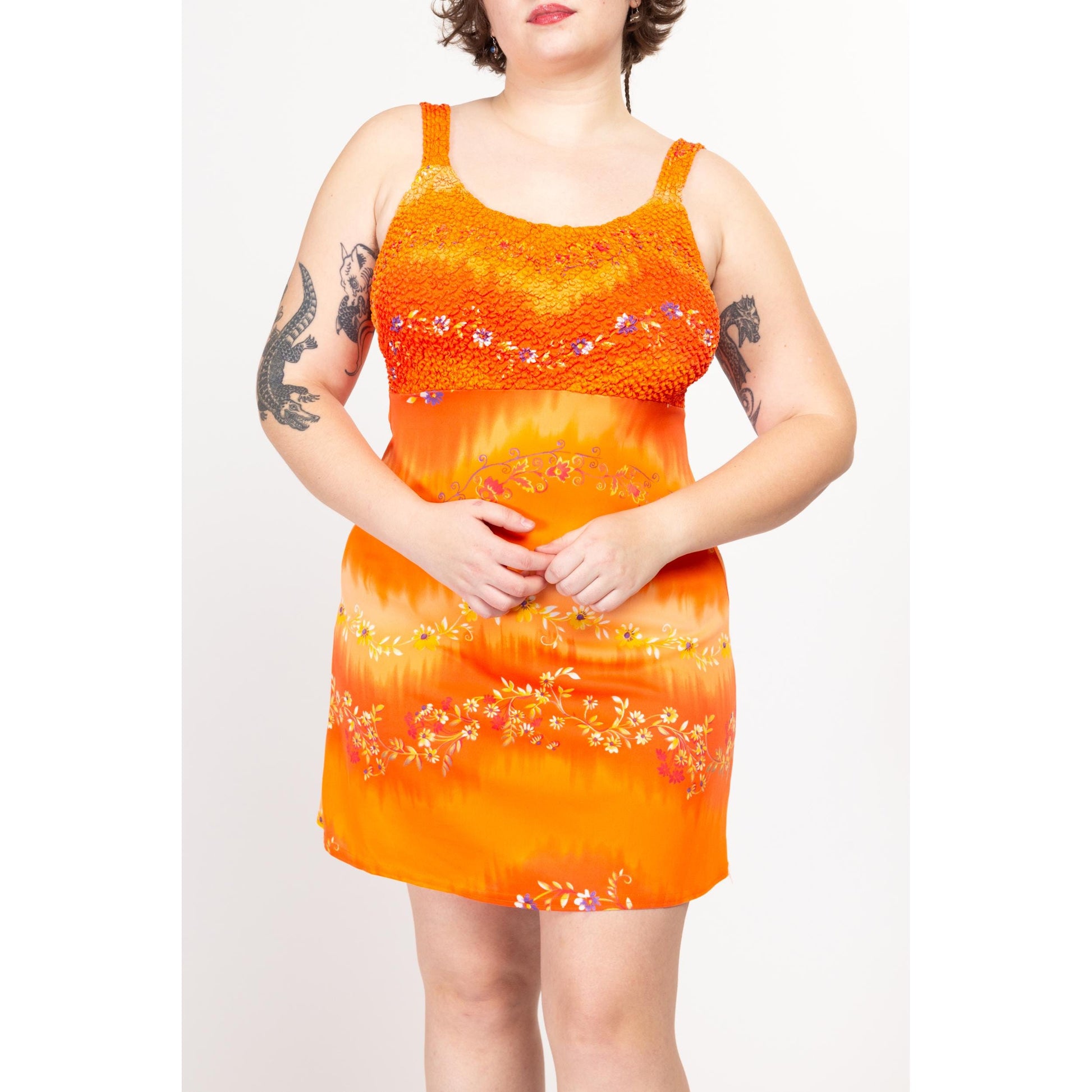 Large 90s Orange Floral Popcorn Bodice Mini Dress | Vintage A Line Boho Tank Sundress