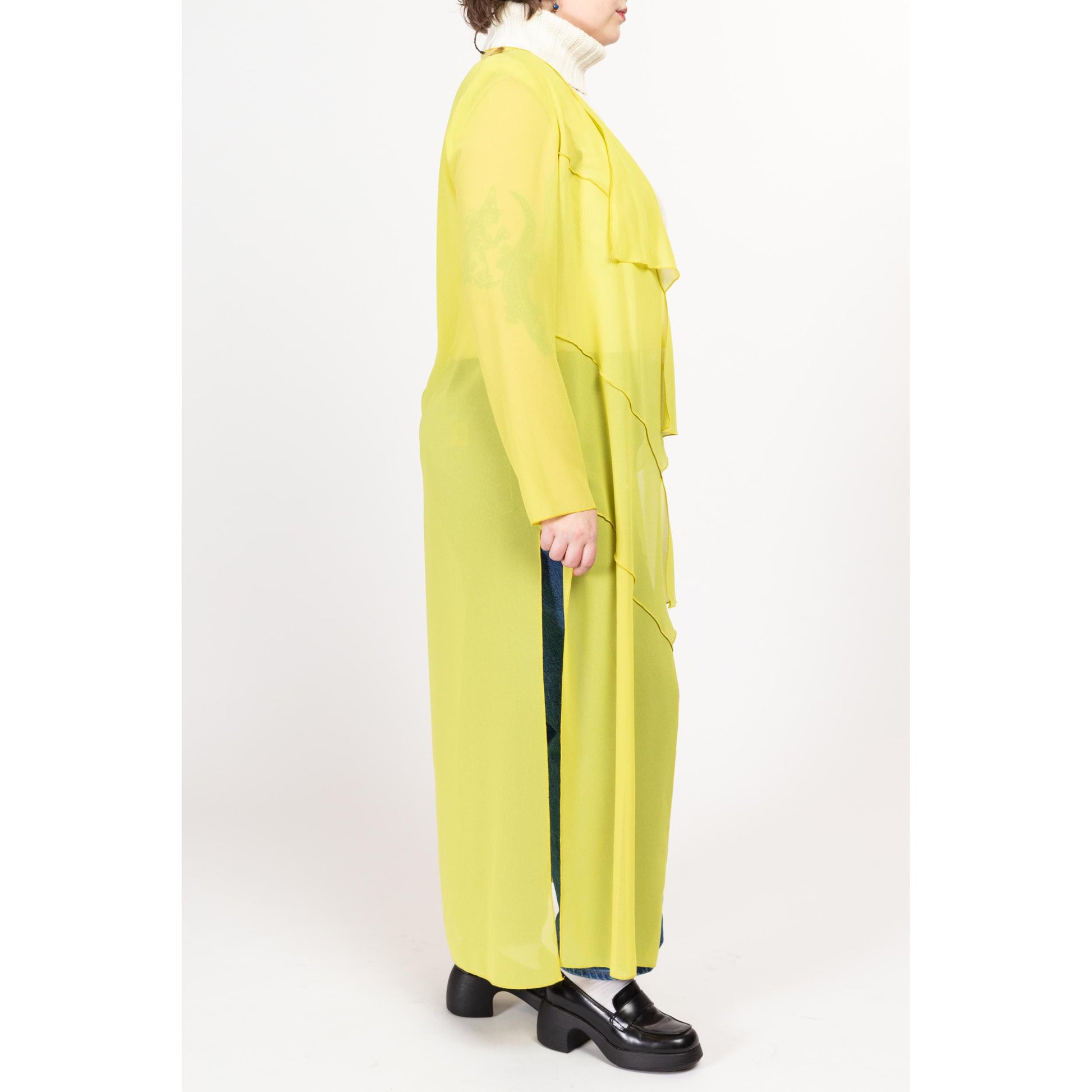 Large 90s Sheer Chartreuse Maxi Cover Up | Boho Vintage Open Fit Long Overshirt Duster