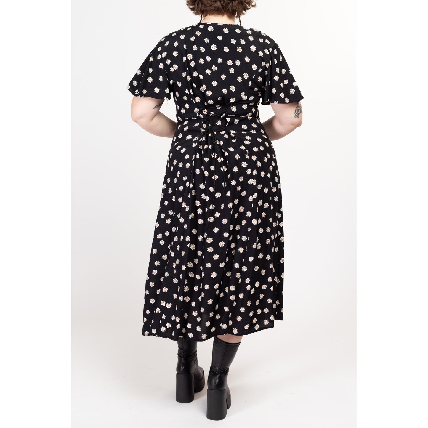 XL 90s Black Daisy Floral Print Corset Back Midi Dress | Vintage Button Up Flutter Sleeve Boho Grunge Shirtdress