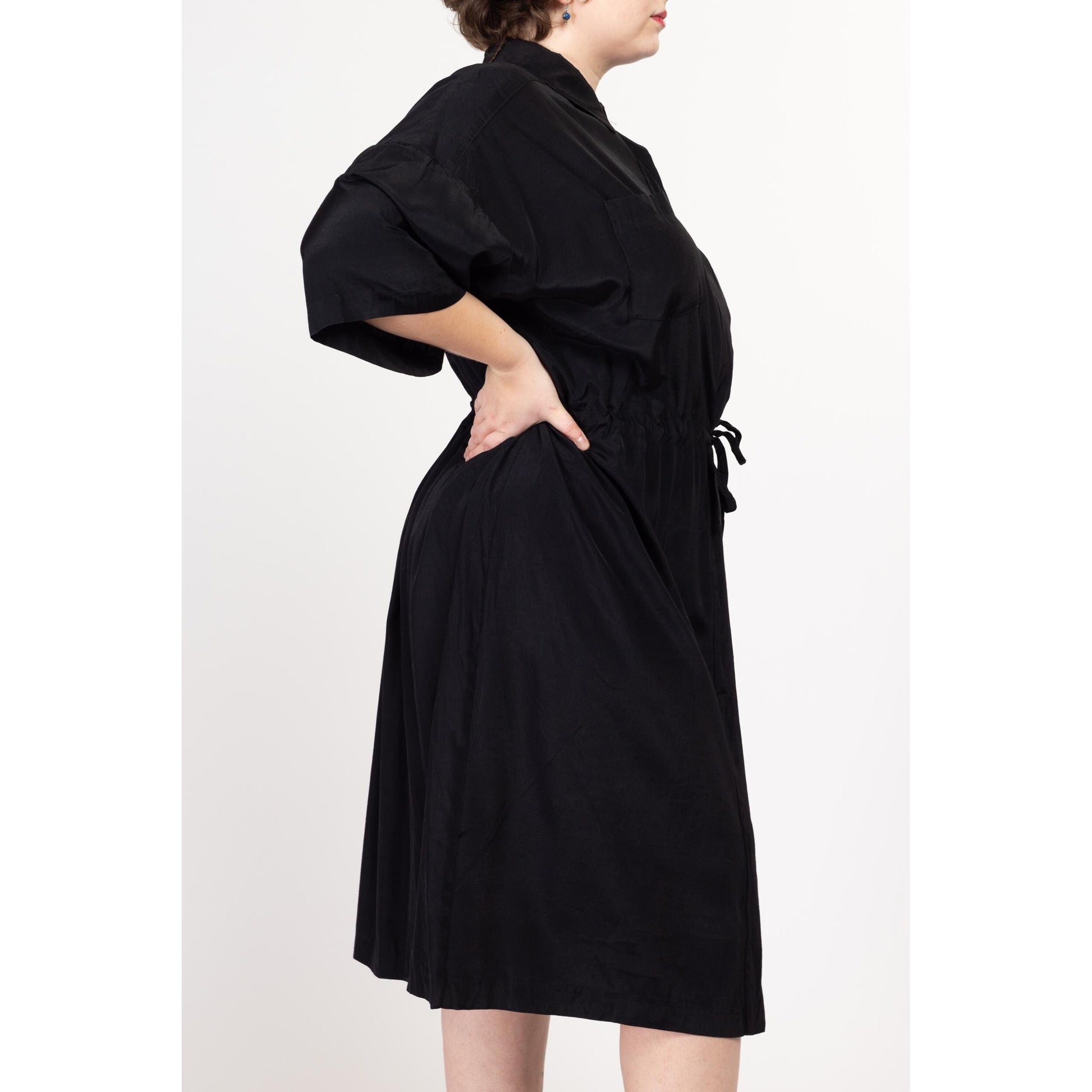 3X 90s Black Drawstring Waist Midi Shirtdress | Vintage 3/4 Sleeve Minimalist Button Up Dress