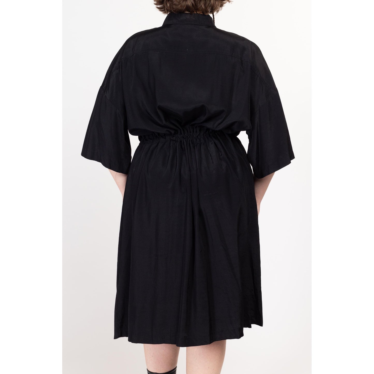 3X 90s Black Drawstring Waist Midi Shirtdress | Vintage 3/4 Sleeve Minimalist Button Up Dress