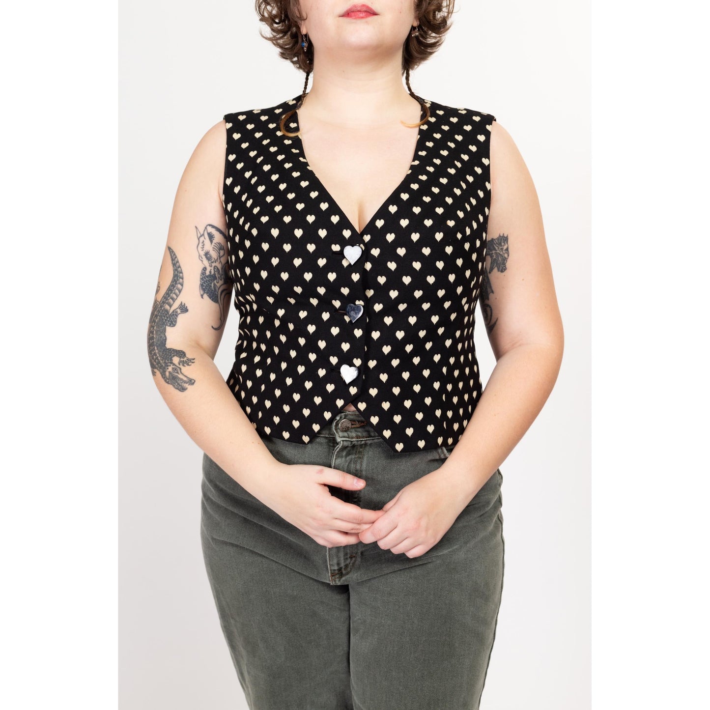 XL 80s Black & White Heart Print Vest | Vintage Novelty Button Up Sleeveless Top