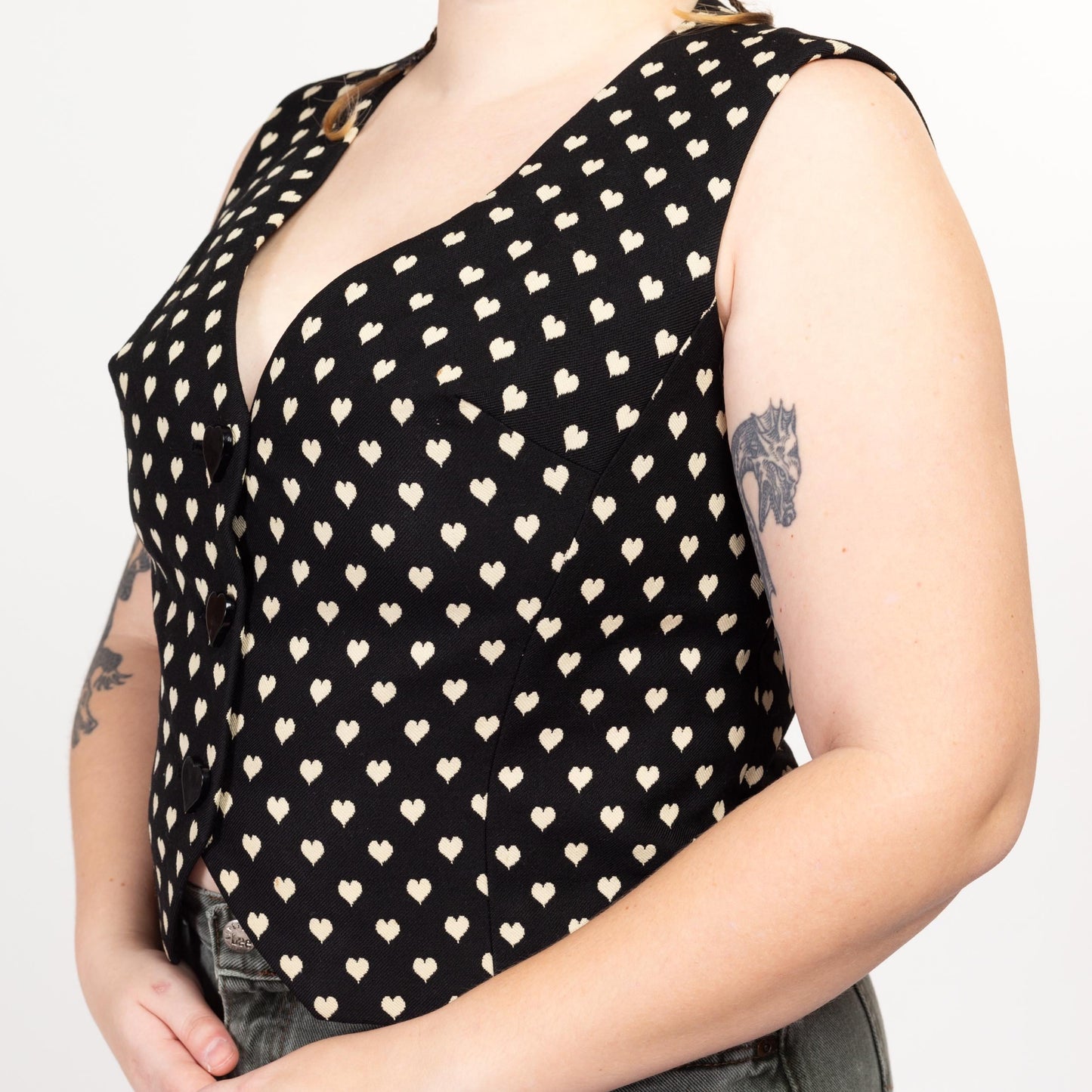 XL 80s Black & White Heart Print Vest | Vintage Novelty Button Up Sleeveless Top