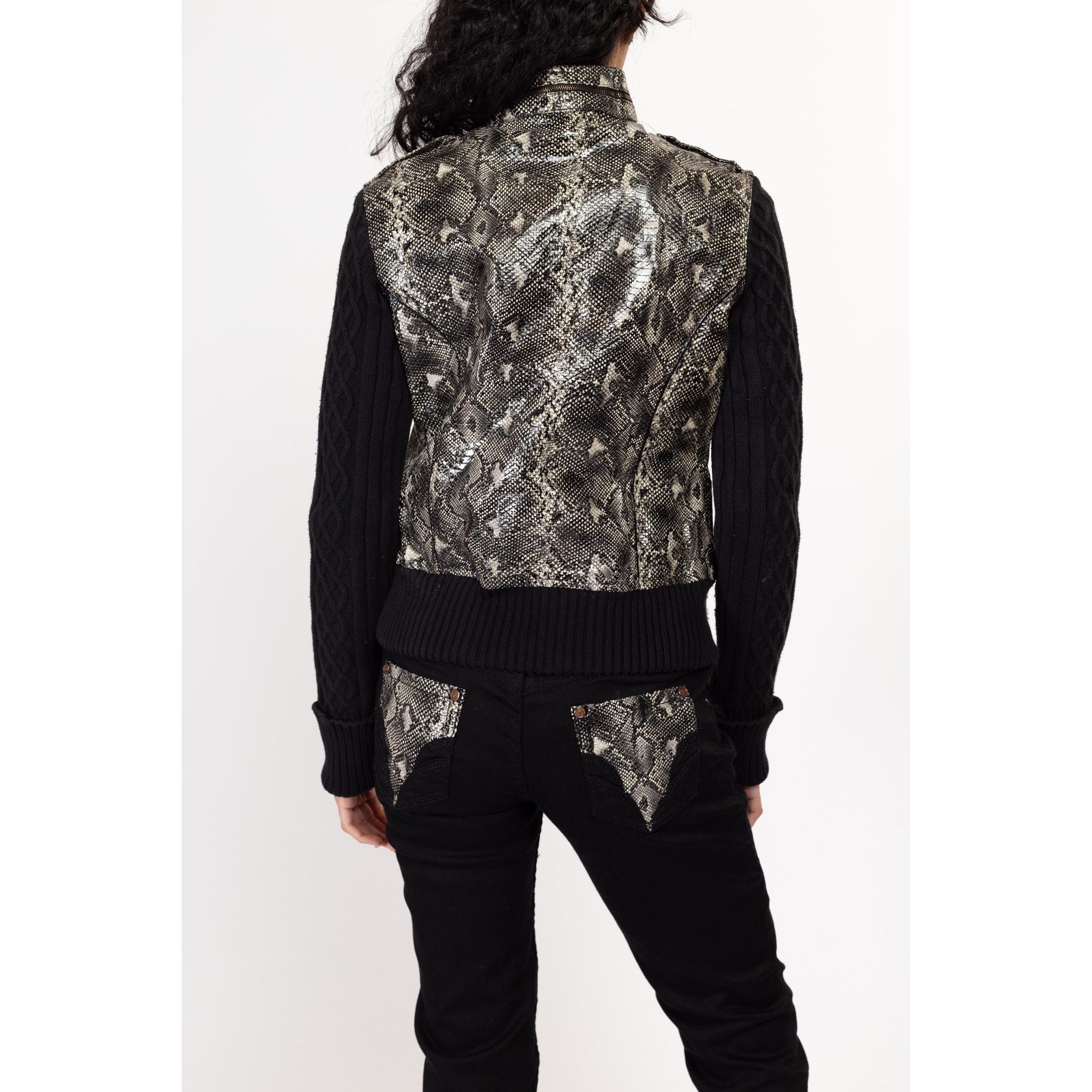 Small Y2K Coogi Black Faux Snakeskin Sweater Jacket & Low Rise Jeans Set | Vintage Two Piece Denim Knit Rocker Outfit