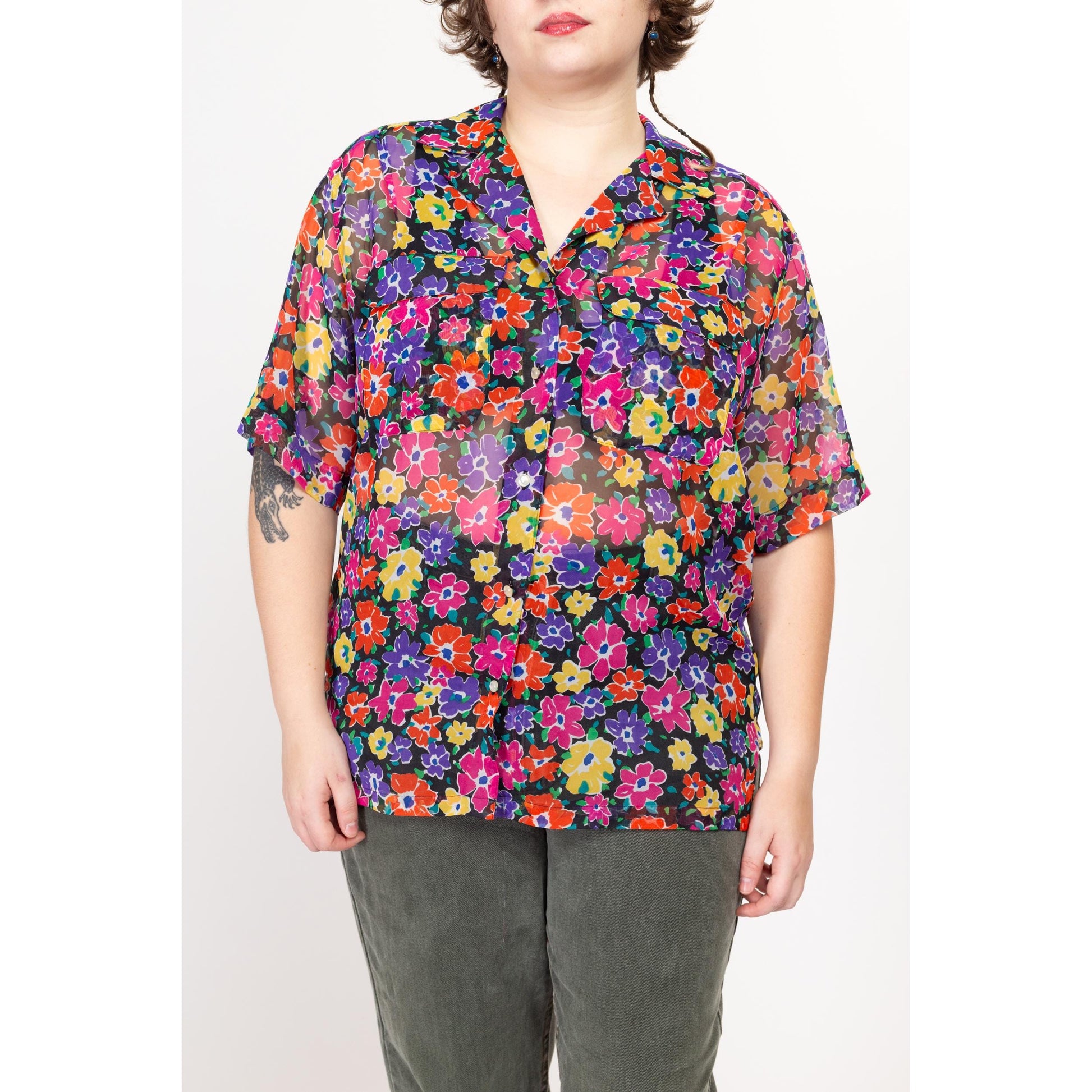 XL 90s Sheer Colorful Floral Blouse | Vintage Short Sleeve Button Up Collared Top