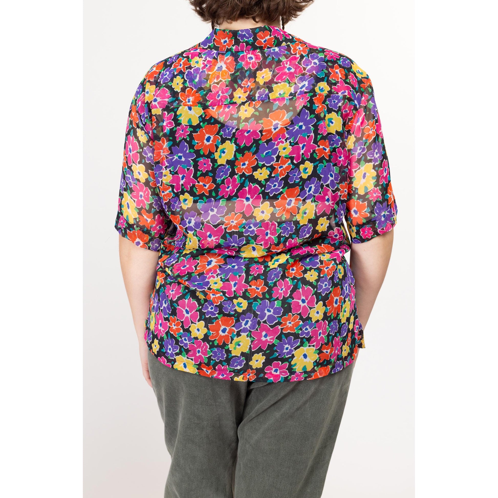 XL 90s Sheer Colorful Floral Blouse | Vintage Short Sleeve Button Up Collared Top