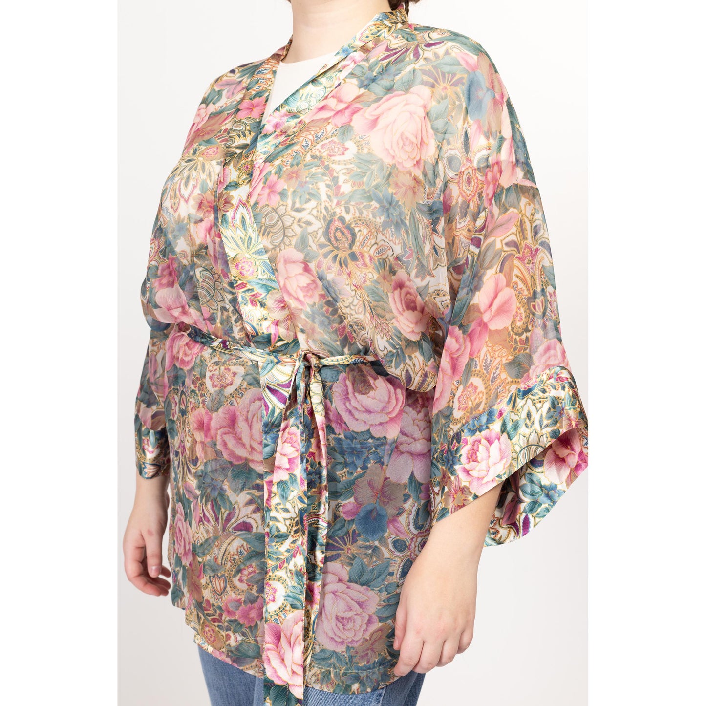 One Size 90s Victoria's Secret Sheer Floral Mini Robe | Vintage Boho Satin Trim Loungewear Kimono