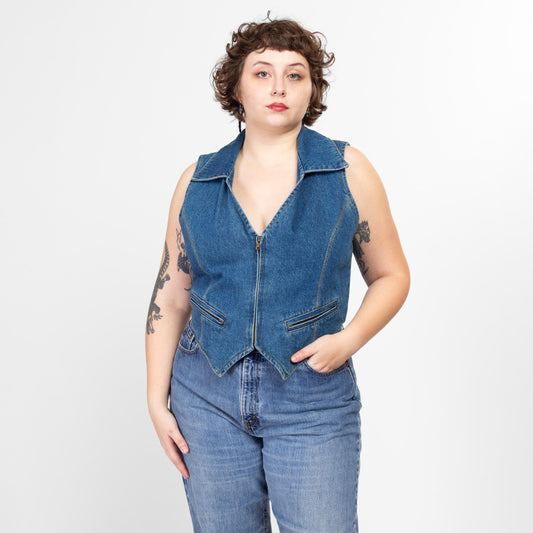 2X 90s Wester Denim Vest | Vintage Sleeveless Blue Jean Zip Up Vest Shirt