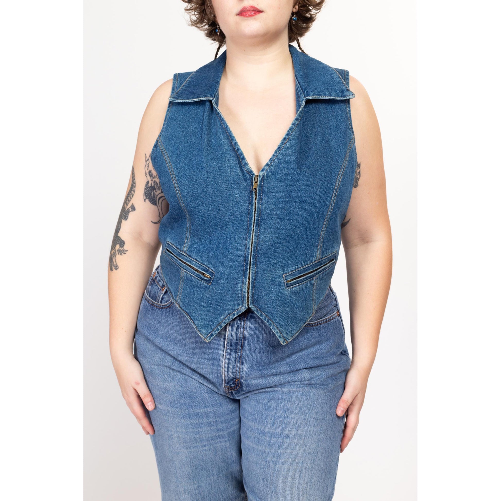 2X 90s Wester Denim Vest | Vintage Sleeveless Blue Jean Zip Up Vest Shirt