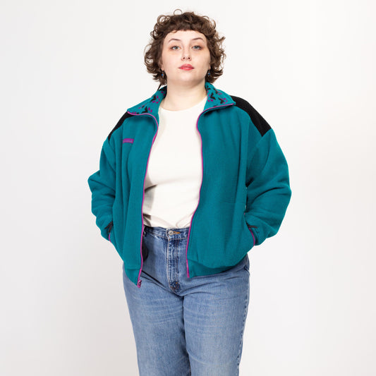 XL 90s Columbia Teal Fleece Cropped Jacket | Vintage Southwestern Knit Collar Streetwear Bomber Coat