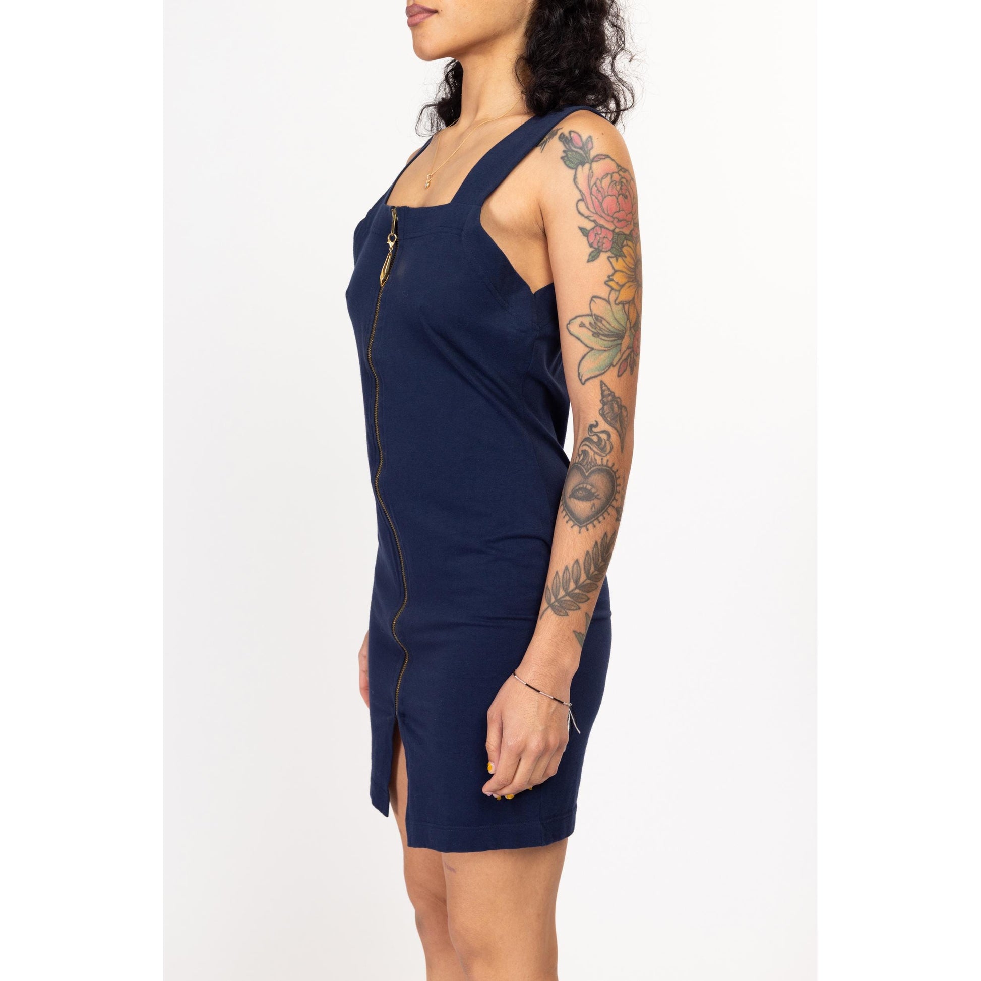 Medium Y2K Sporty Navy Blue Zip Up Bodycon Mini Tank Dress | Vintage Sleeveless Fitted Grunge Dress