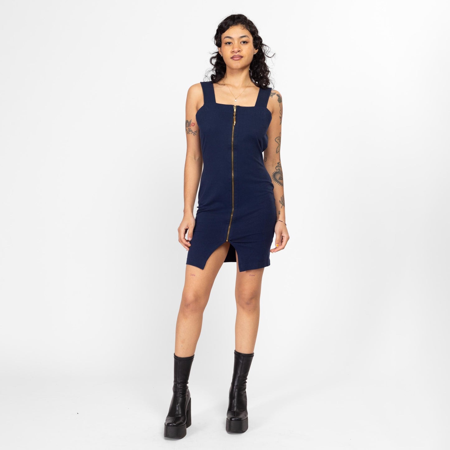 Medium Y2K Sporty Navy Blue Zip Up Bodycon Mini Tank Dress | Vintage Sleeveless Fitted Grunge Dress