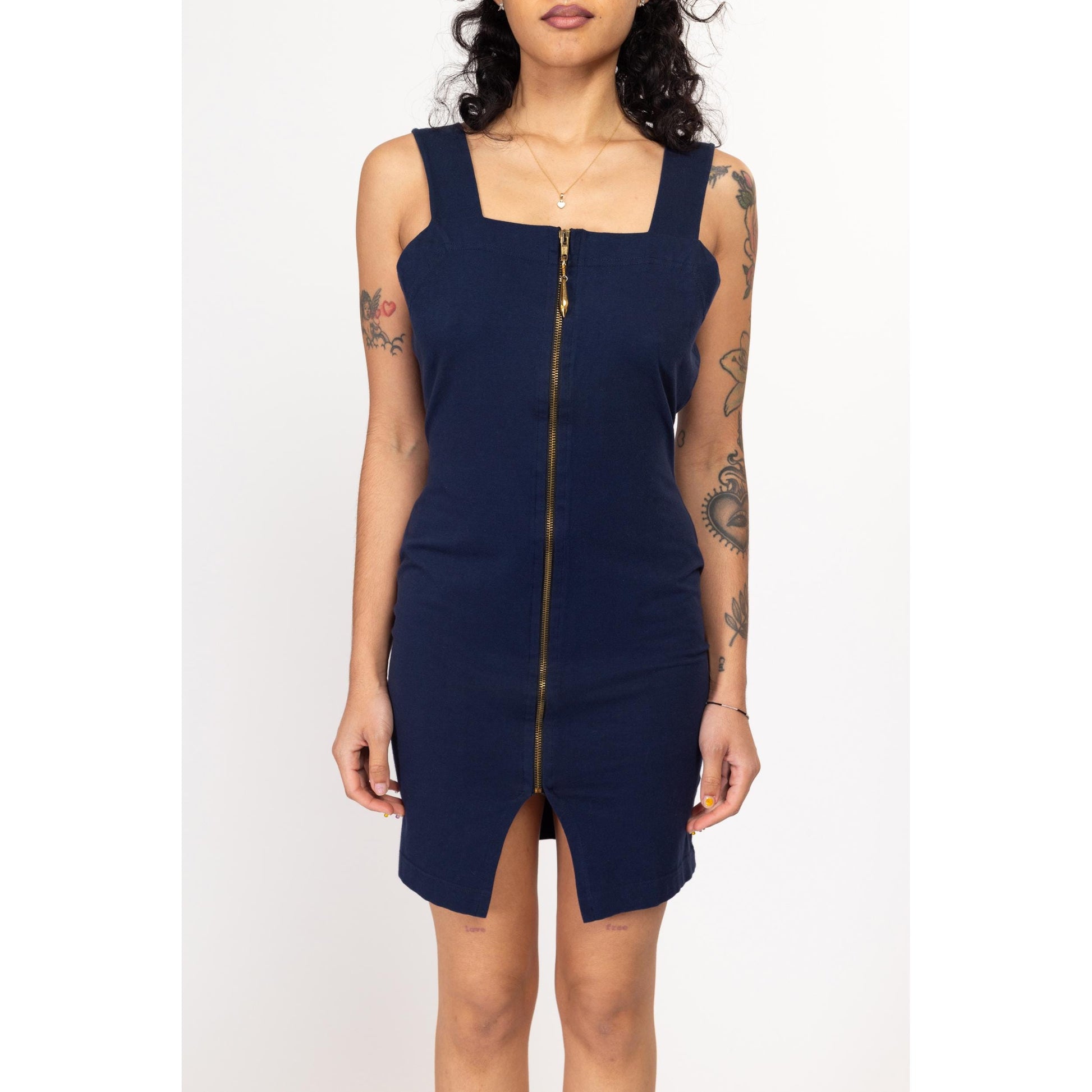 Medium Y2K Sporty Navy Blue Zip Up Bodycon Mini Tank Dress | Vintage Sleeveless Fitted Grunge Dress