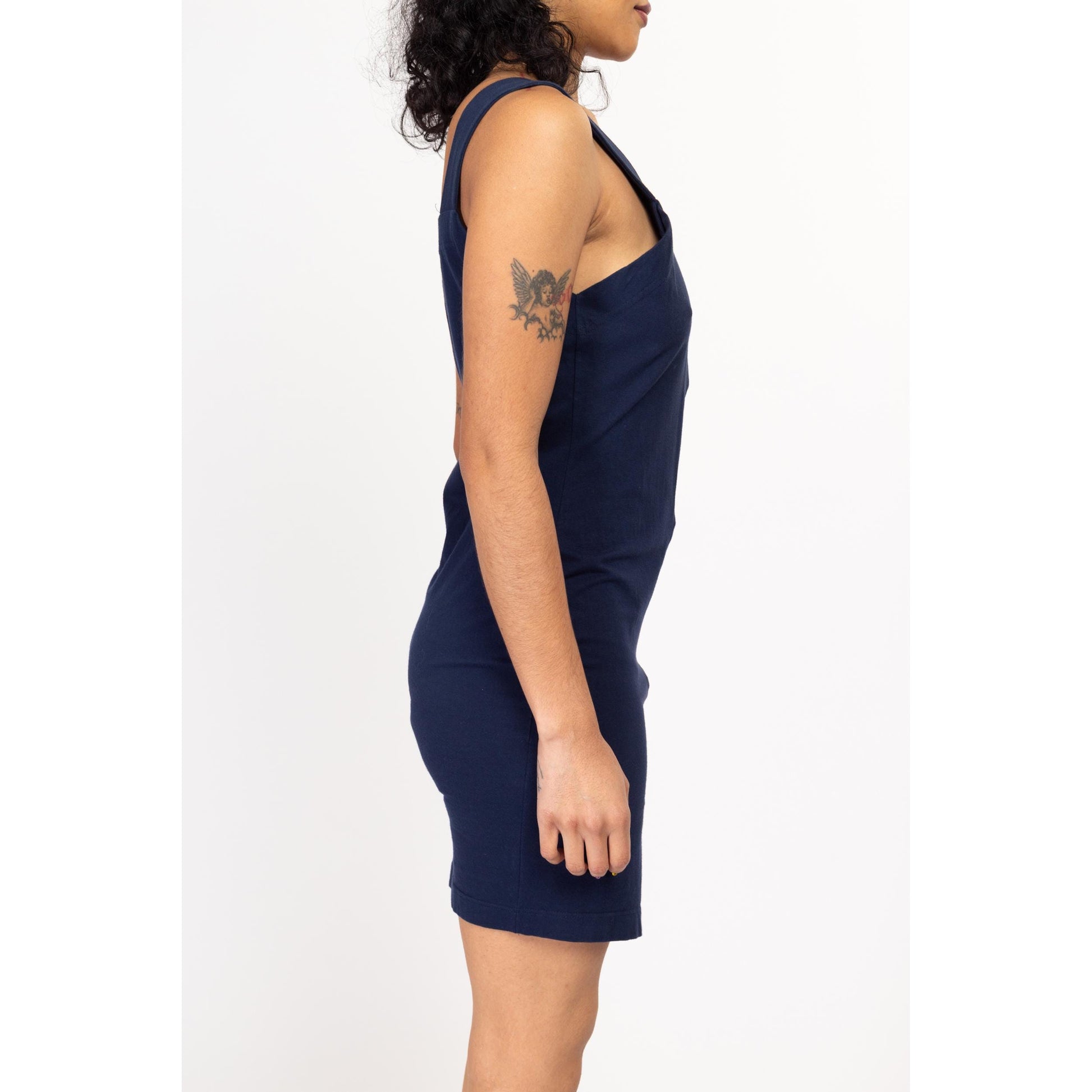 Medium Y2K Sporty Navy Blue Zip Up Bodycon Mini Tank Dress | Vintage Sleeveless Fitted Grunge Dress