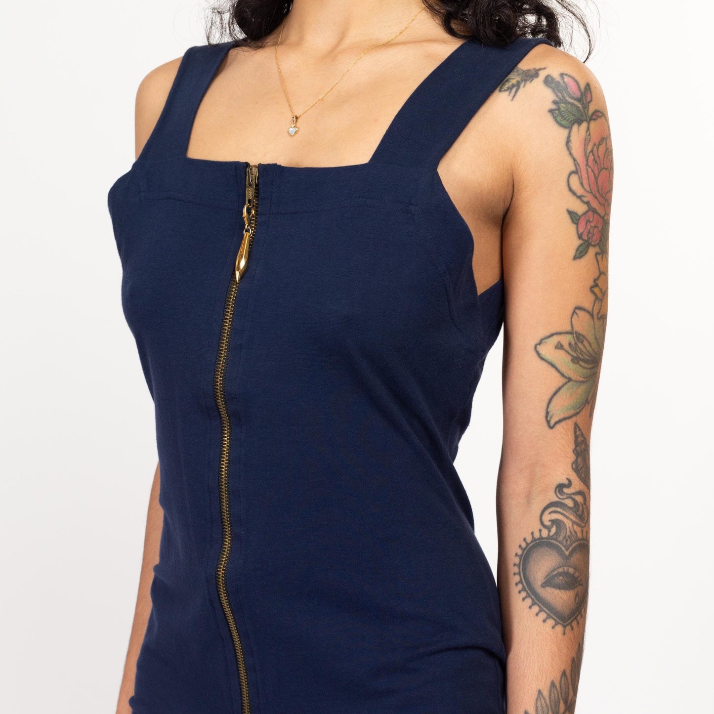 Medium Y2K Sporty Navy Blue Zip Up Bodycon Mini Tank Dress | Vintage Sleeveless Fitted Grunge Dress