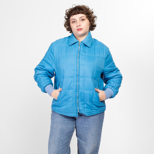 XL 70s Reversible Blue Quilted Jacket | Retro Vintage Zip Up Lightweight Puffer Windbreaker