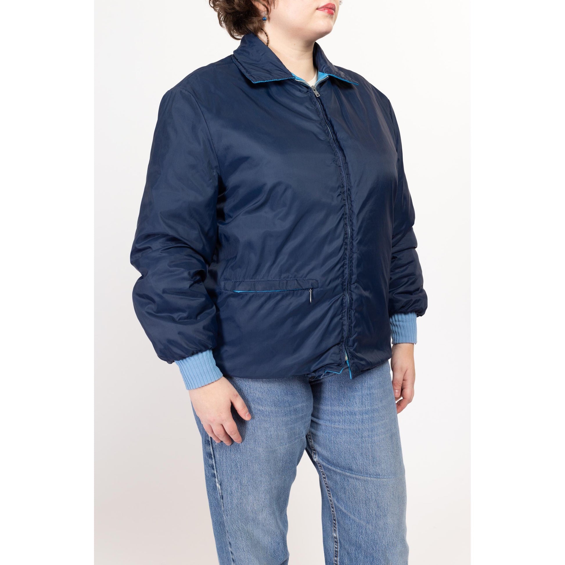 XL 70s Reversible Blue Quilted Jacket | Retro Vintage Zip Up Lightweight Puffer Windbreaker