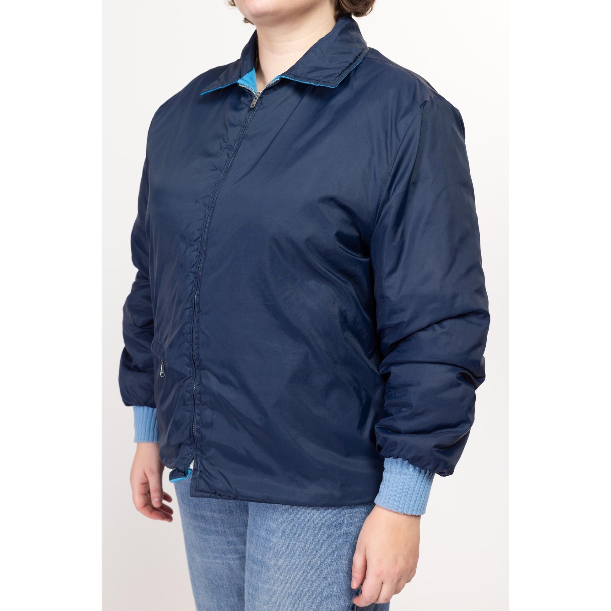 XL 70s Reversible Blue Quilted Jacket | Retro Vintage Zip Up Lightweight Puffer Windbreaker