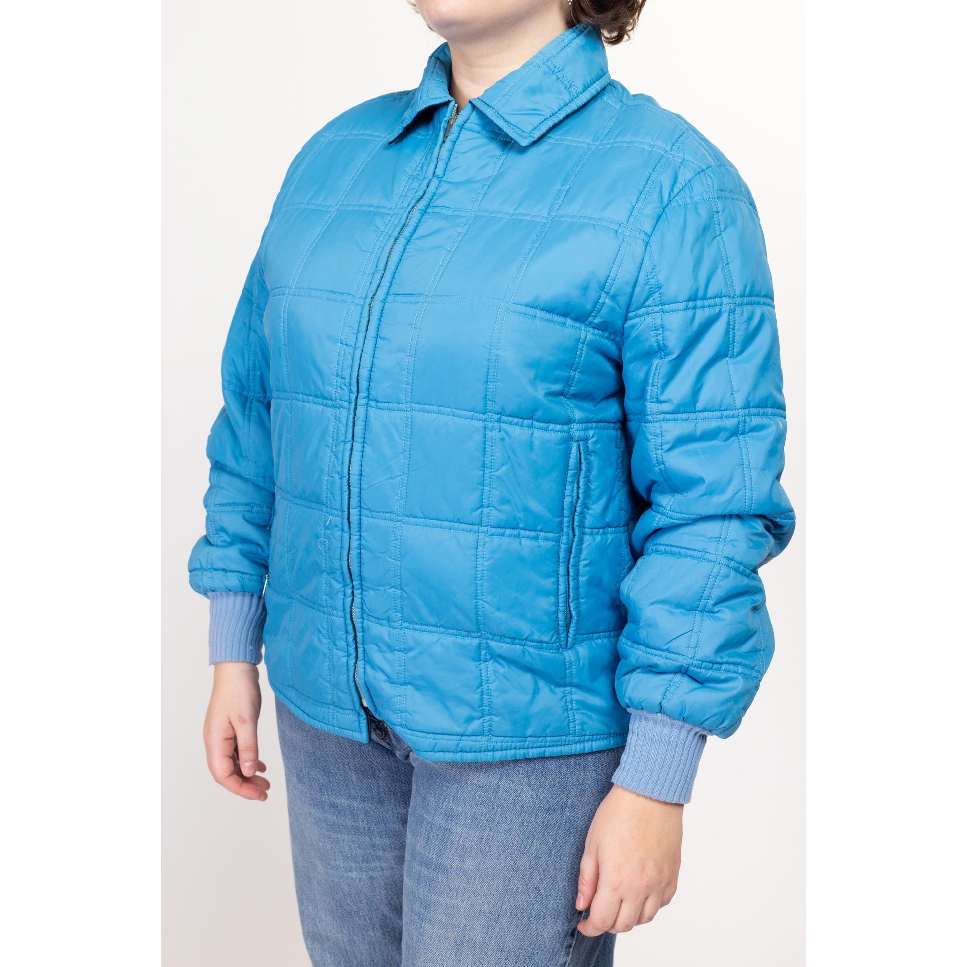 XL 70s Reversible Blue Quilted Jacket | Retro Vintage Zip Up Lightweight Puffer Windbreaker