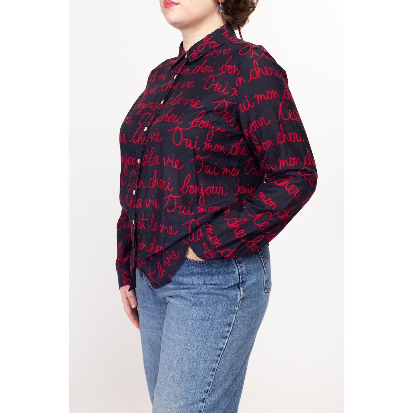 XL Y2K French Words Novelty Print Silk Blend Blouse | Vintage Black Red Long Sleeve Collared Button Up Shirt