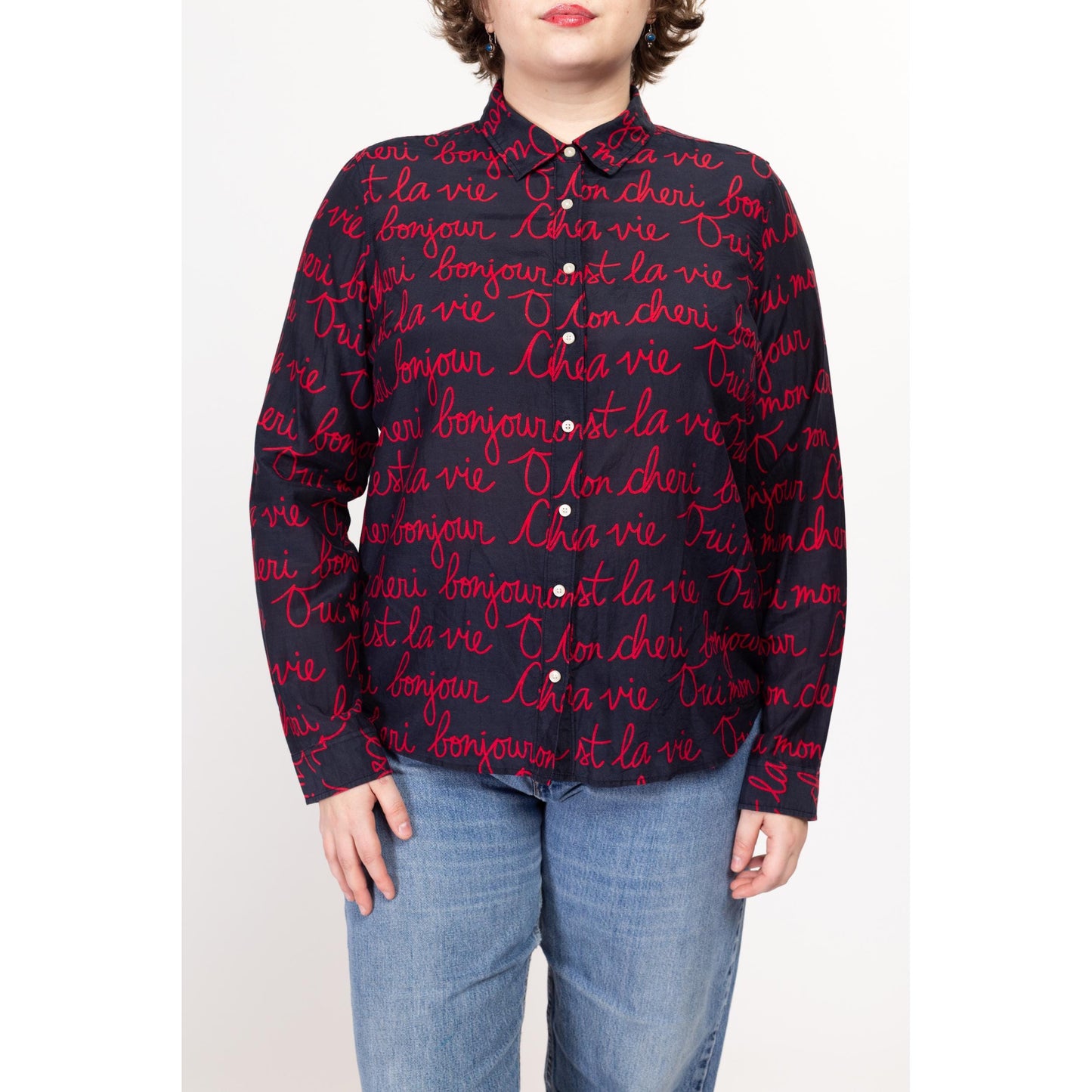 XL Y2K French Words Novelty Print Silk Blend Blouse | Vintage Black Red Long Sleeve Collared Button Up Shirt