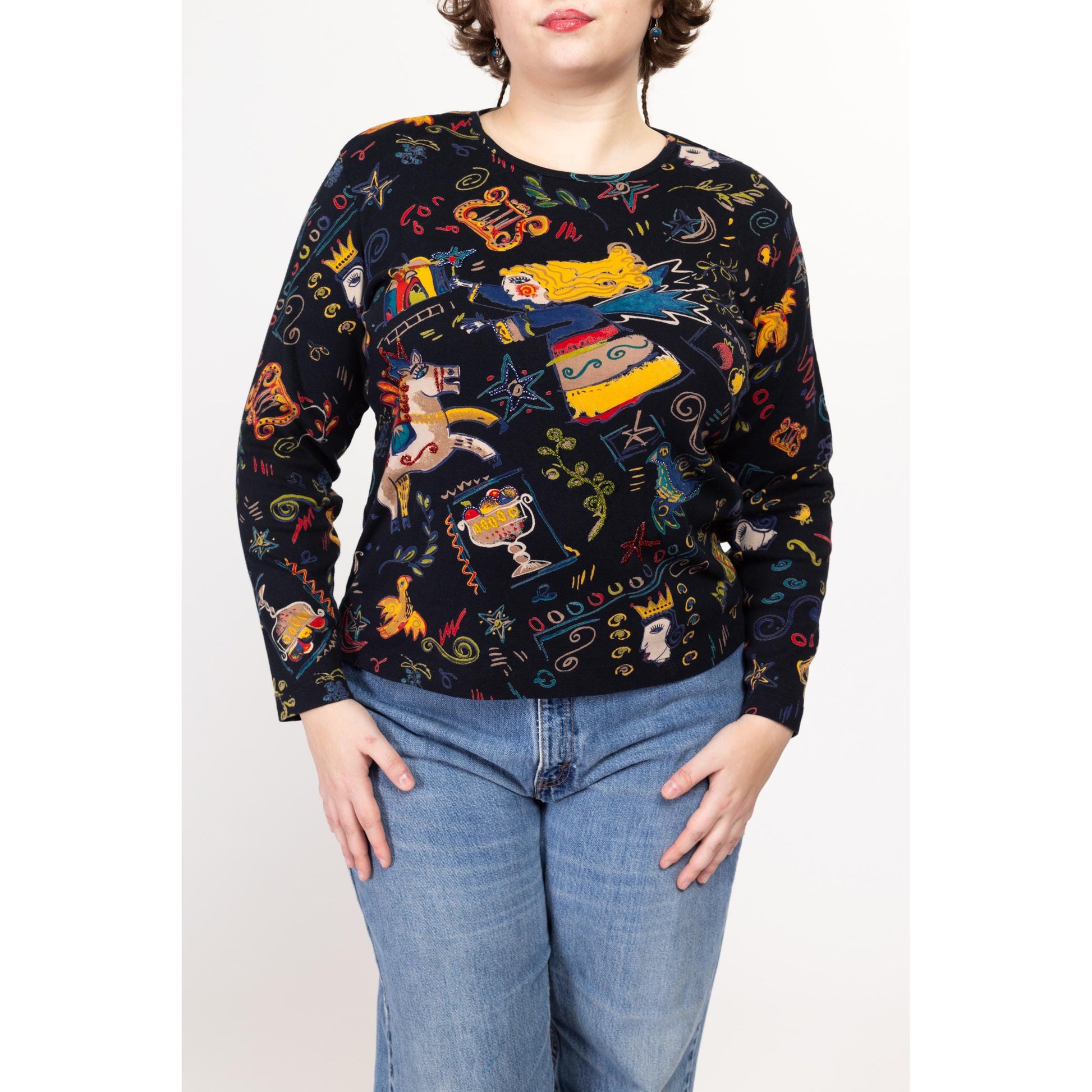 XL 90s Global Village Novelty Print Long Sleeve Top | Vintage Black Beaded Coffeehouse Aesthetic Graphic Shirt