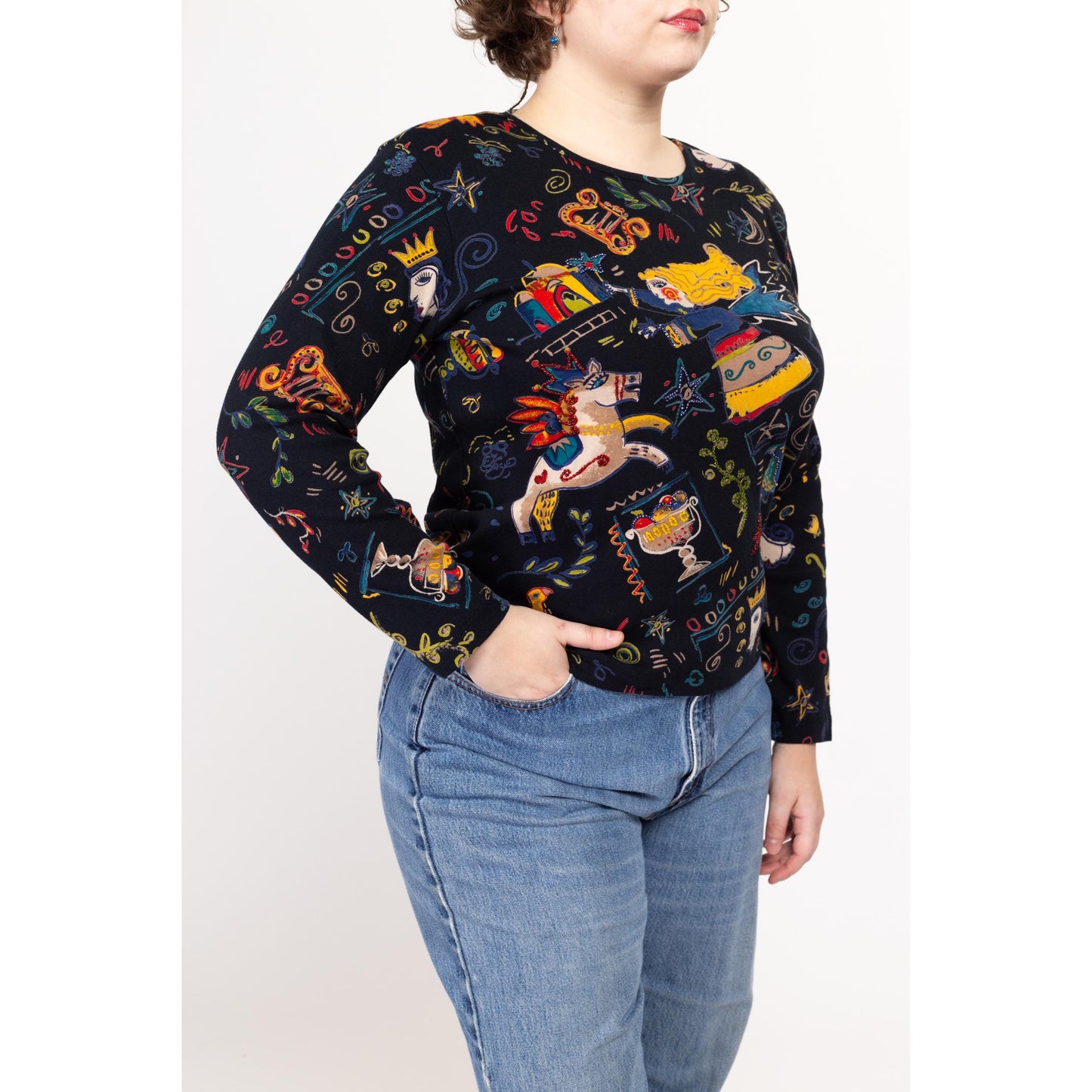 XL 90s Global Village Novelty Print Long Sleeve Top | Vintage Black Beaded Coffeehouse Aesthetic Graphic Shirt