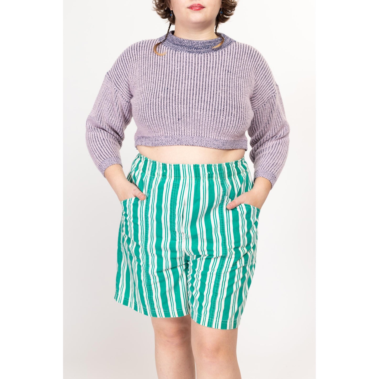 Large 80s Green & White Striped Elastic Waist Shorts | Vintage High Rise Wide Leg Causal Cotton Shorts