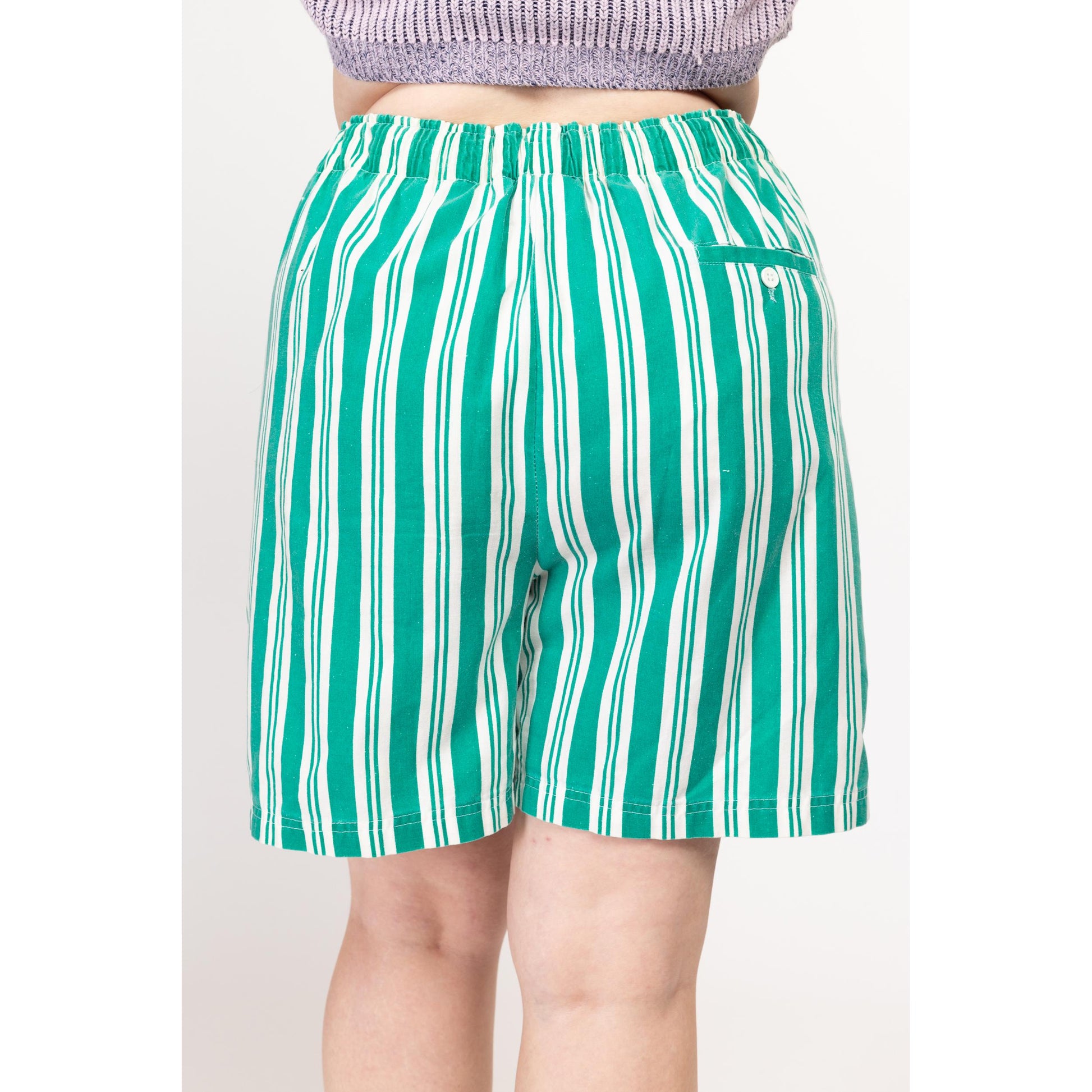 Large 80s Green & White Striped Elastic Waist Shorts | Vintage High Rise Wide Leg Causal Cotton Shorts