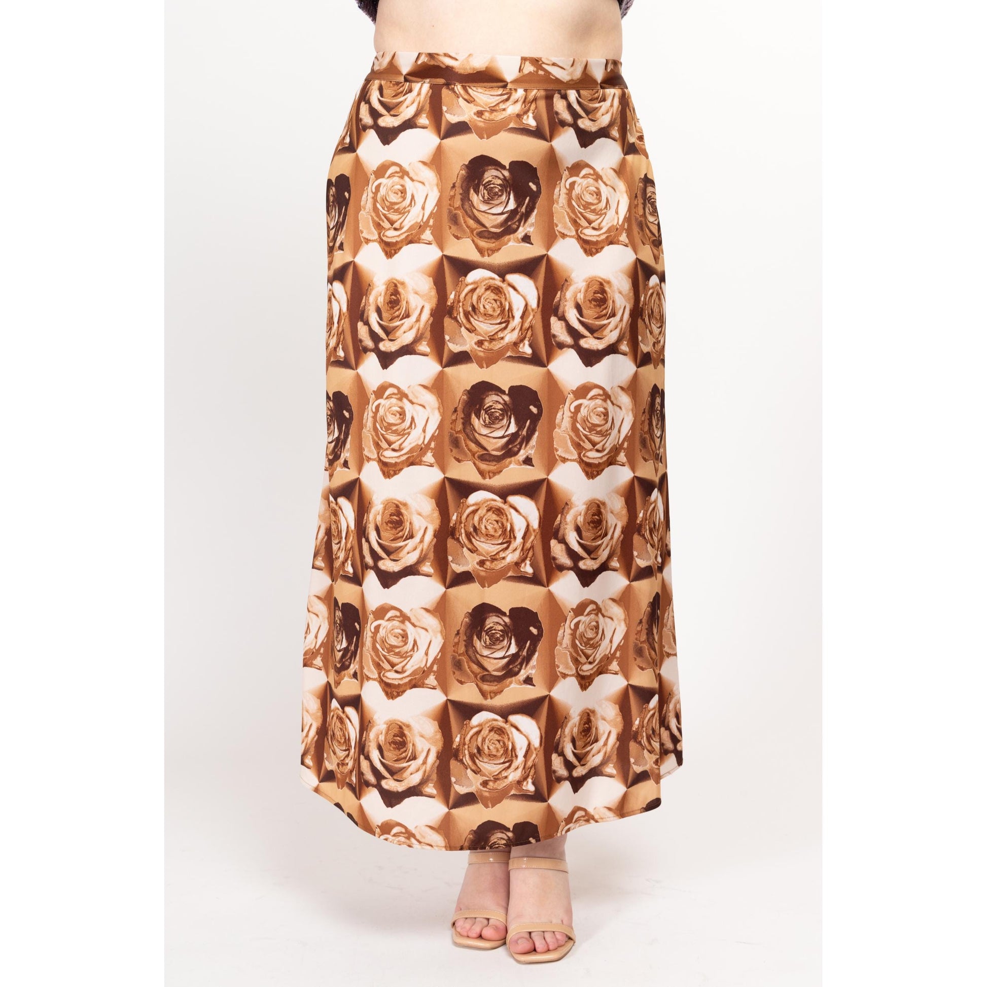 Lrg-XL 90s Brown Rose Floral Print Maxi Skirt | Vintage High Waisted A Line Boho Skirt