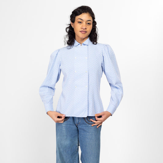 Medium 80s Baby Blue Embroidered French Cotton Shirt | Vintage Puff Sleeve Double Breasted Button Up Cottagecore Blouse