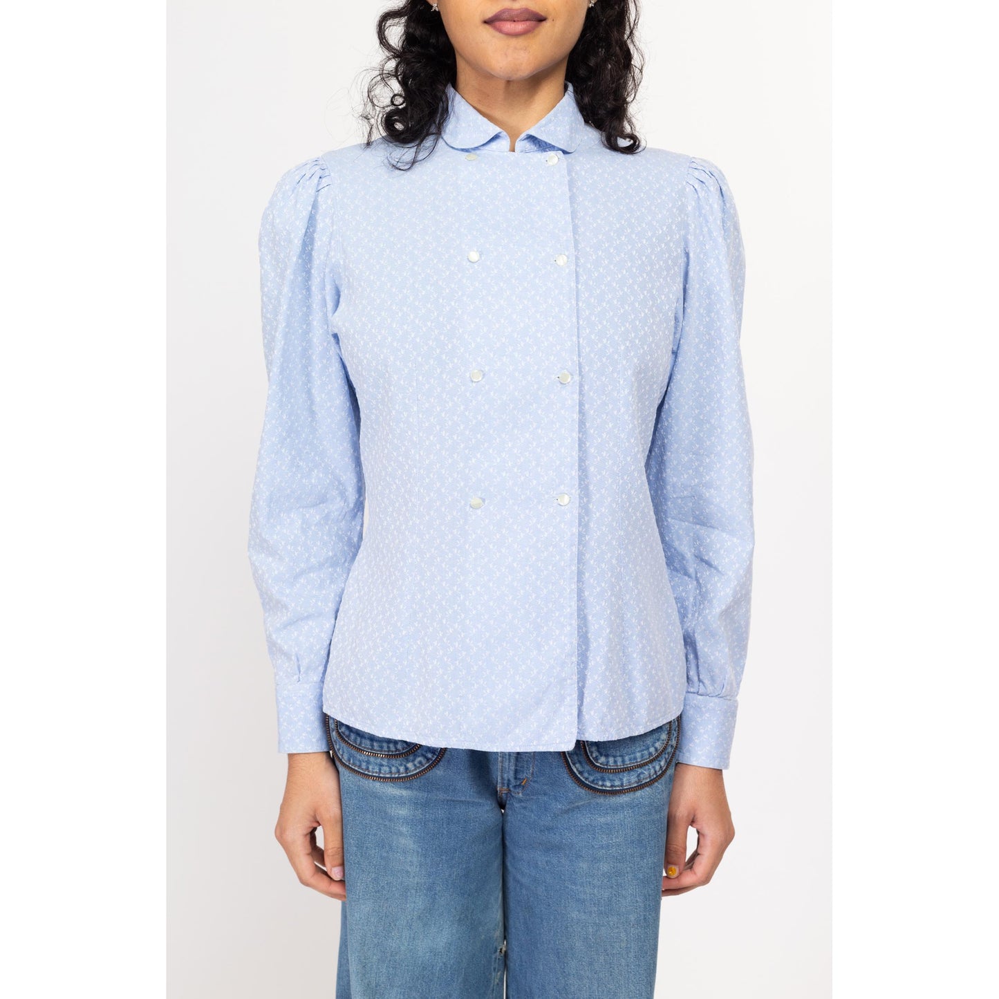 Medium 80s Baby Blue Embroidered French Cotton Shirt | Vintage Puff Sleeve Double Breasted Button Up Cottagecore Blouse