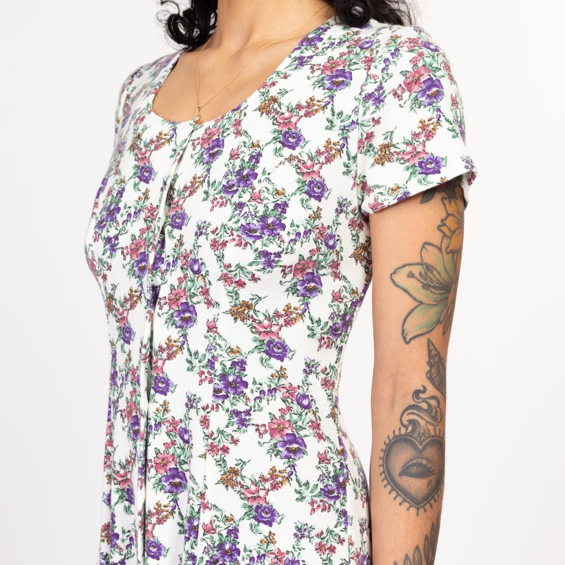 Small 90s White Floral Corset Back Midi Sundress | Vintage Button Up Short Sleeve Boho Grunge Dress