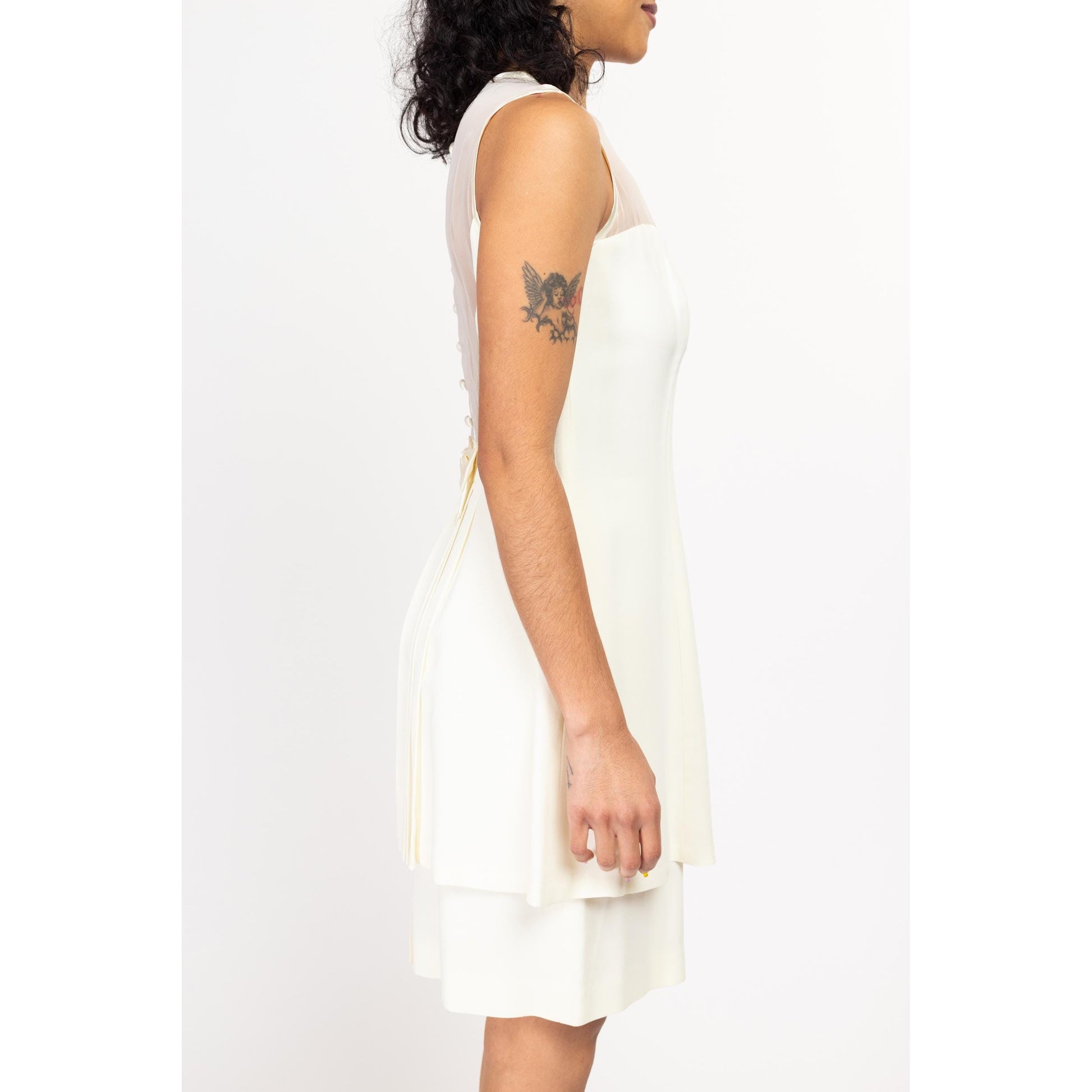 Small 90s White Sheer Cutout Neckline Party Dress | Vintage Sleeveless Low Back Knee Length Peplum Wedding Dress