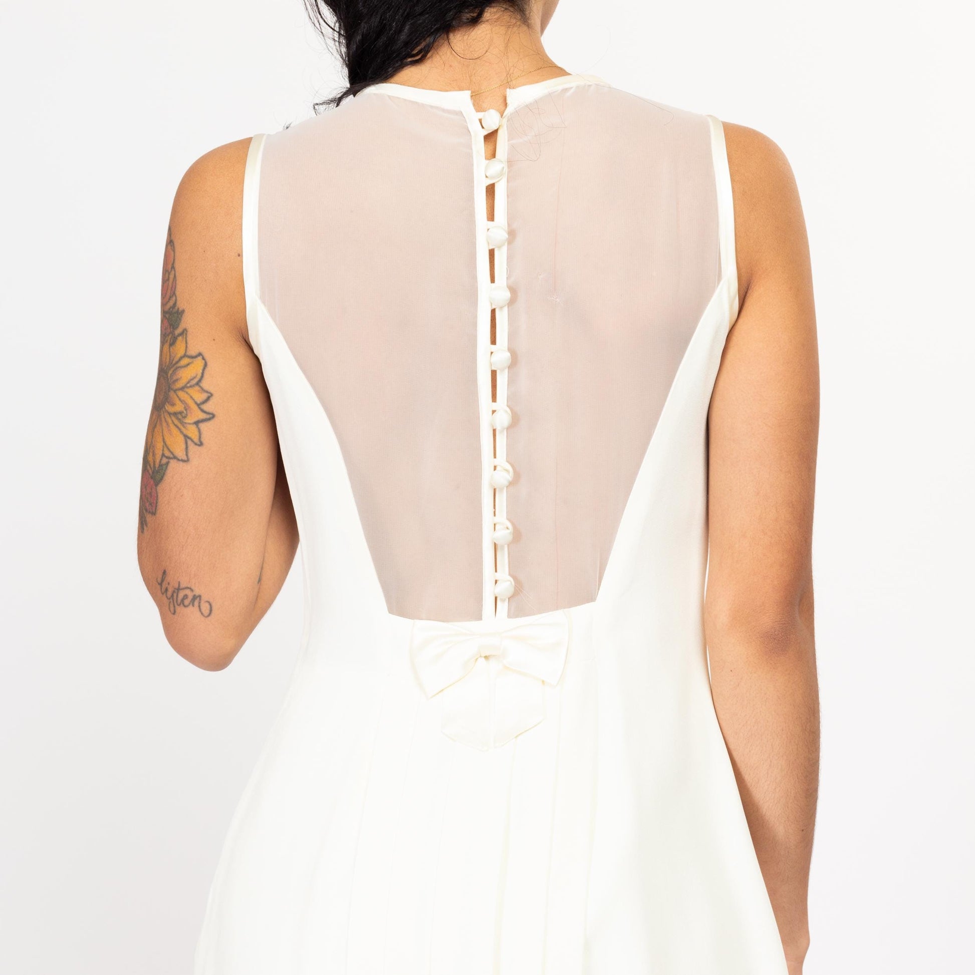 Small 90s White Sheer Cutout Neckline Party Dress | Vintage Sleeveless Low Back Knee Length Peplum Wedding Dress