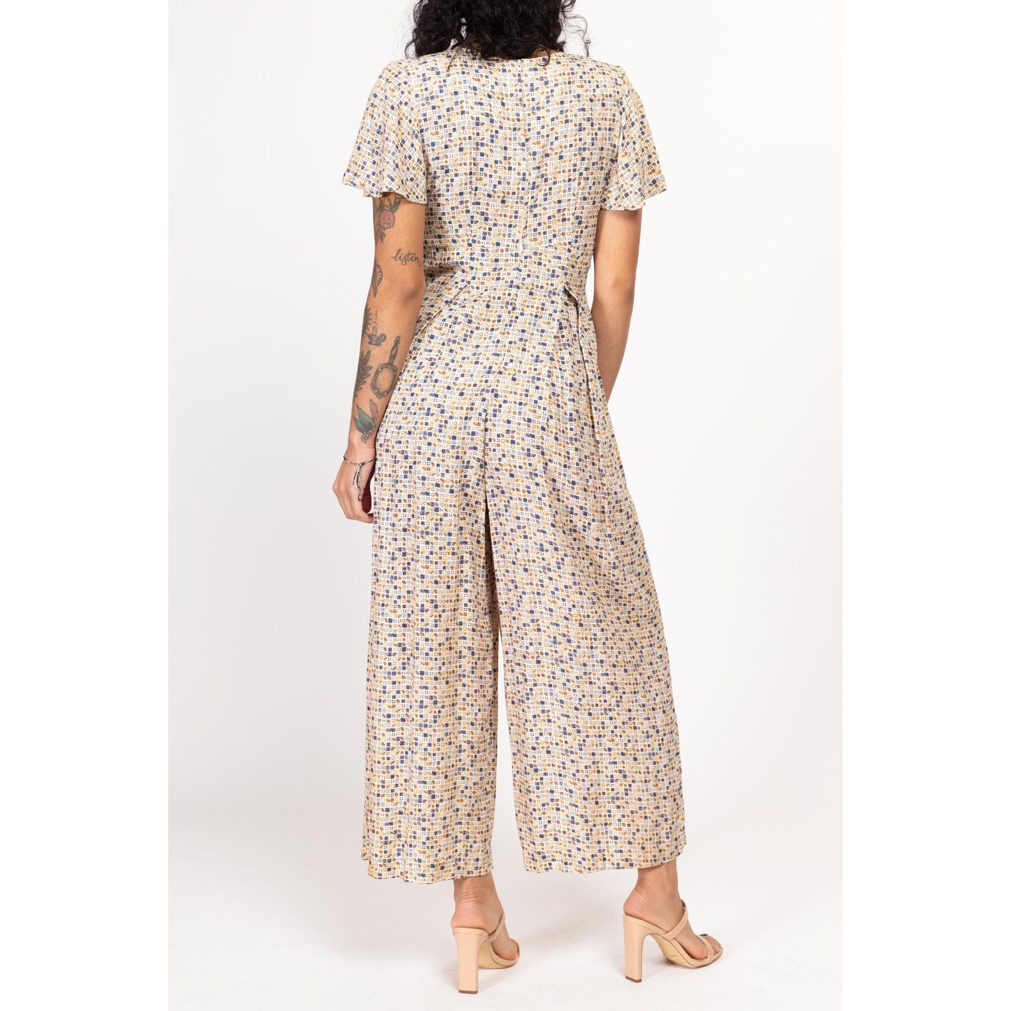 Small 80s 90s Earth Tone Grid Print Wide Leg Grunge Jumpsuit | Vintage Flutter Sleeve Flowy Loungewear Clothing