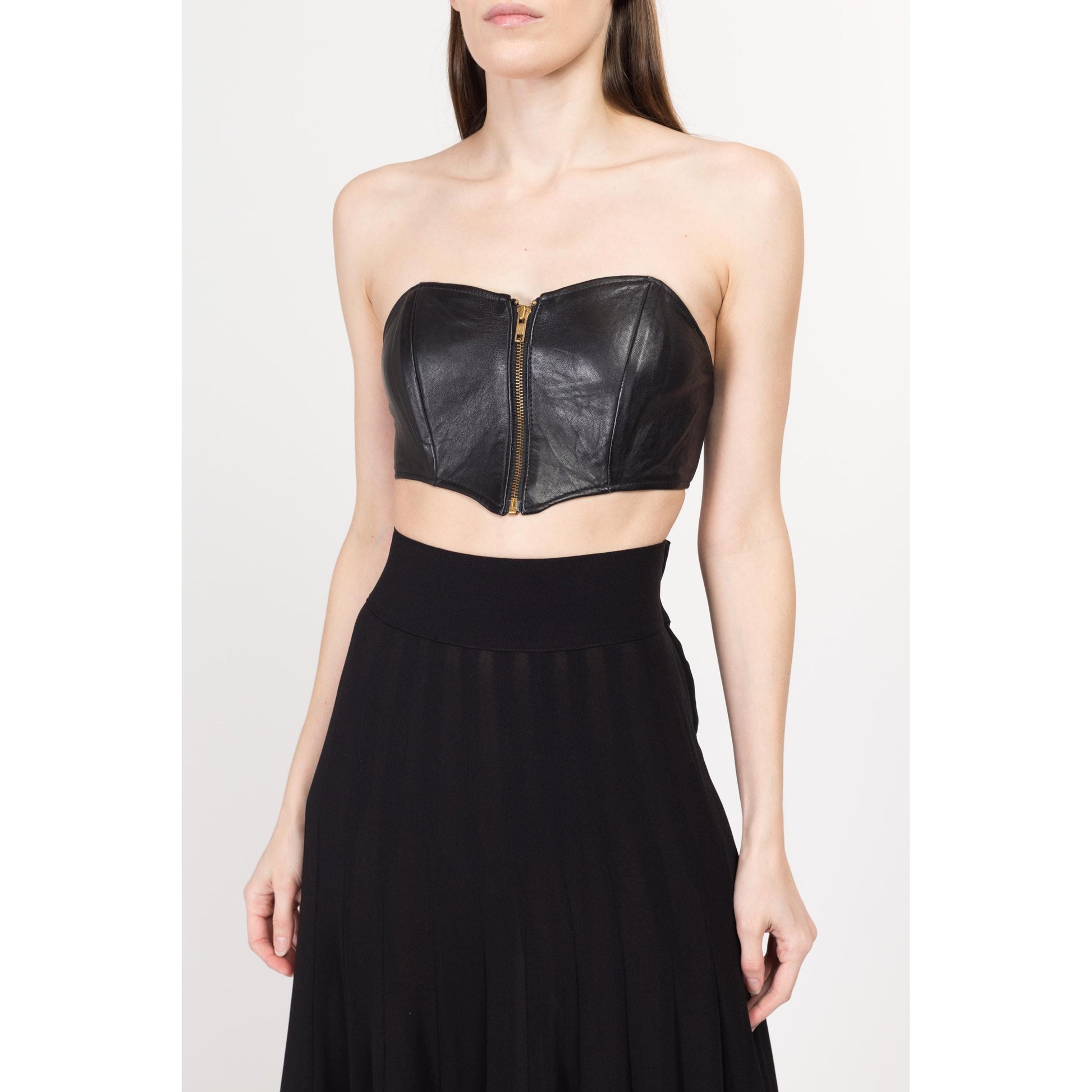 XS-Sm 90s Black Leather Zip Up Bustier Top | Vintage Moto Strapless Mini Biker Crop Top