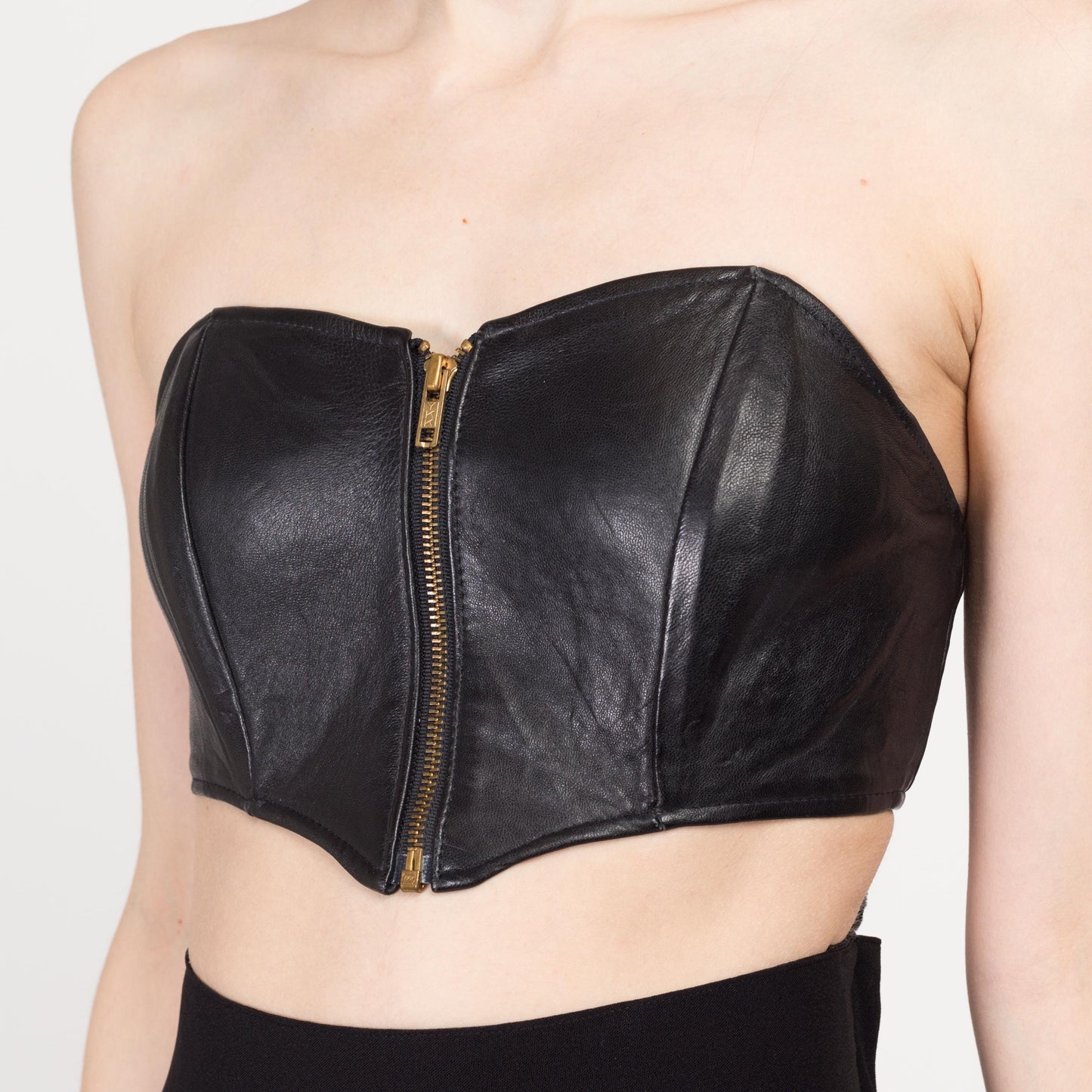 XS-Sm 90s Black Leather Zip Up Bustier Top | Vintage Moto Strapless Mini Biker Crop Top