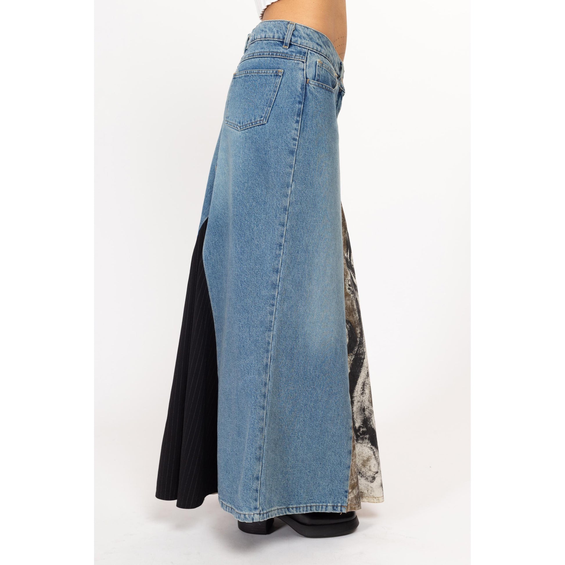 Small 90s Y2K Denim Patchwork Low Rise Maxi Skirt | Vintage Adele Fado Grunge Long Blue Jean Mermaid Skirt