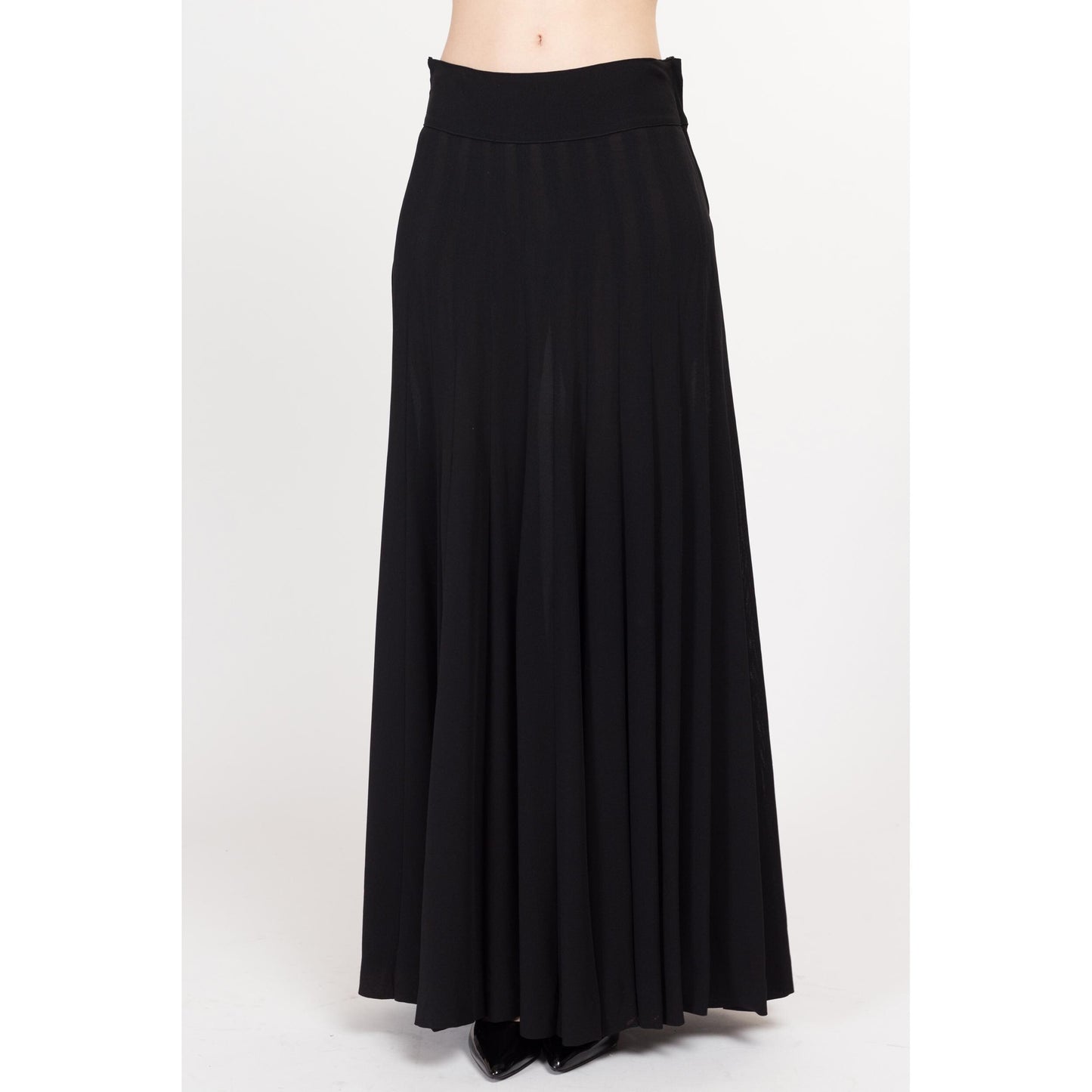 Medium 1940s Black Pleated Maxi Skirt 29" | Vintage 40s Rayon Crepe High Waisted A Line Long Gothic Hostess Skirt