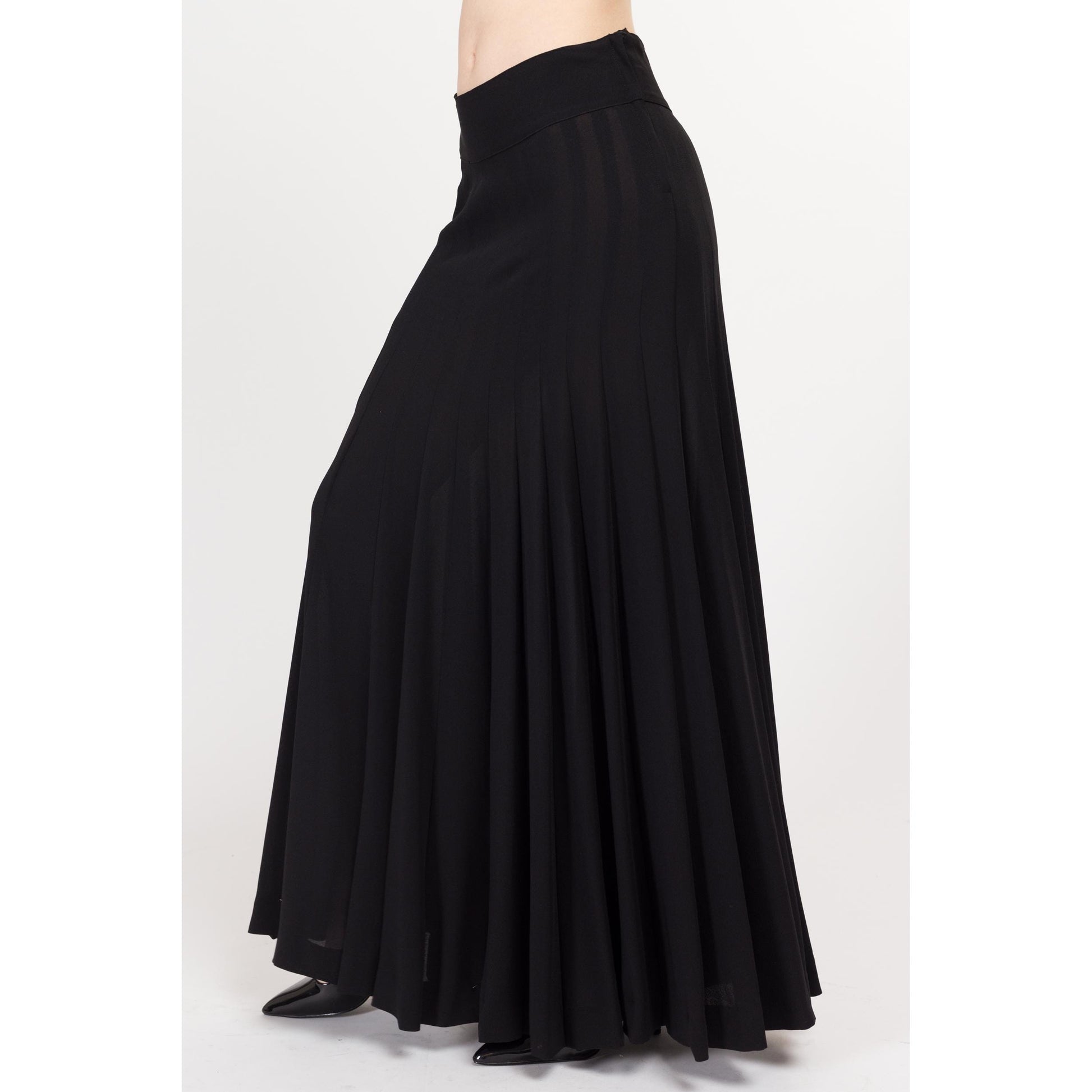 Medium 1940s Black Pleated Maxi Skirt 29" | Vintage 40s Rayon Crepe High Waisted A Line Long Gothic Hostess Skirt